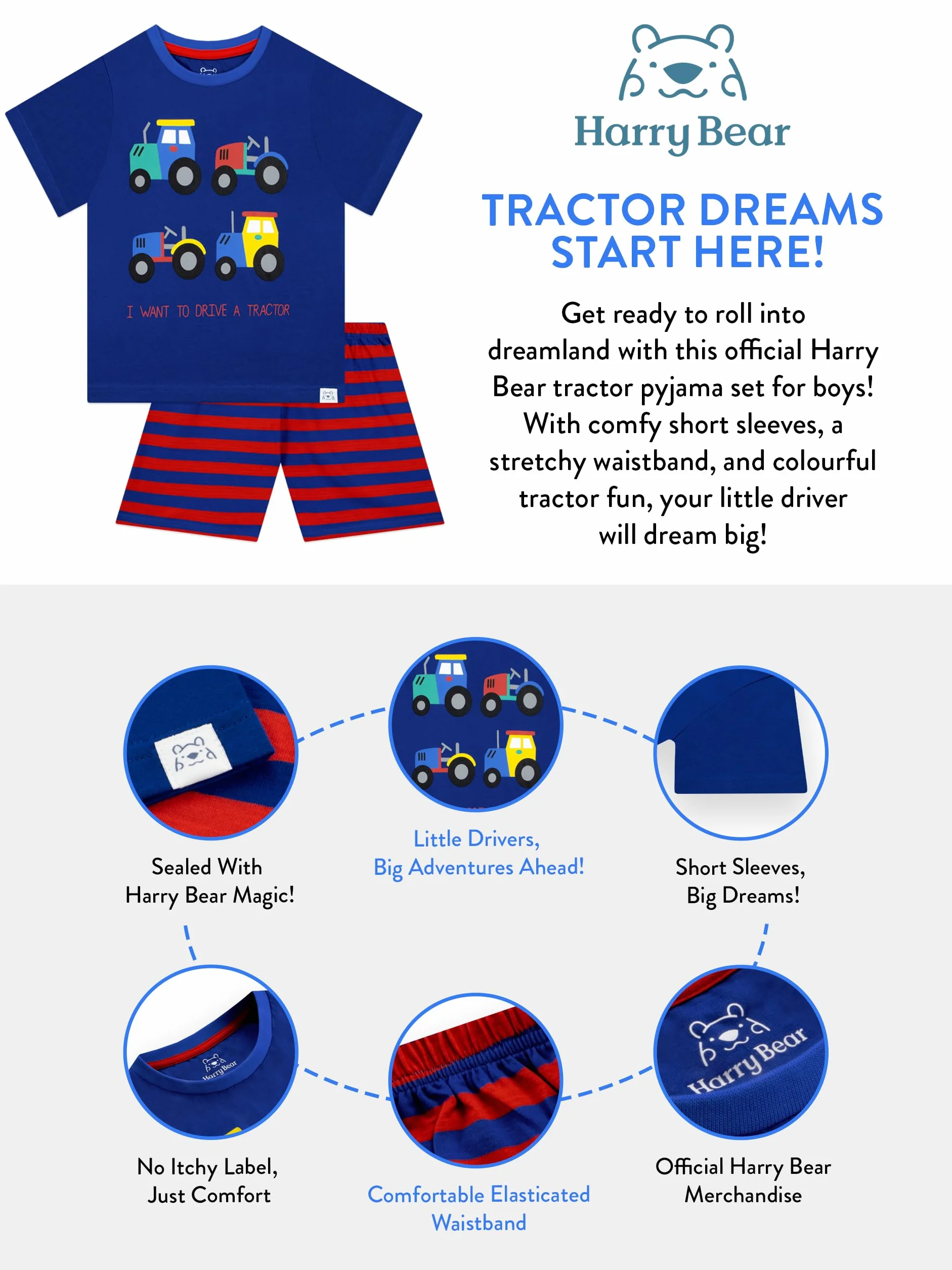 Harry Bear Pijama Corta Tractores para niños