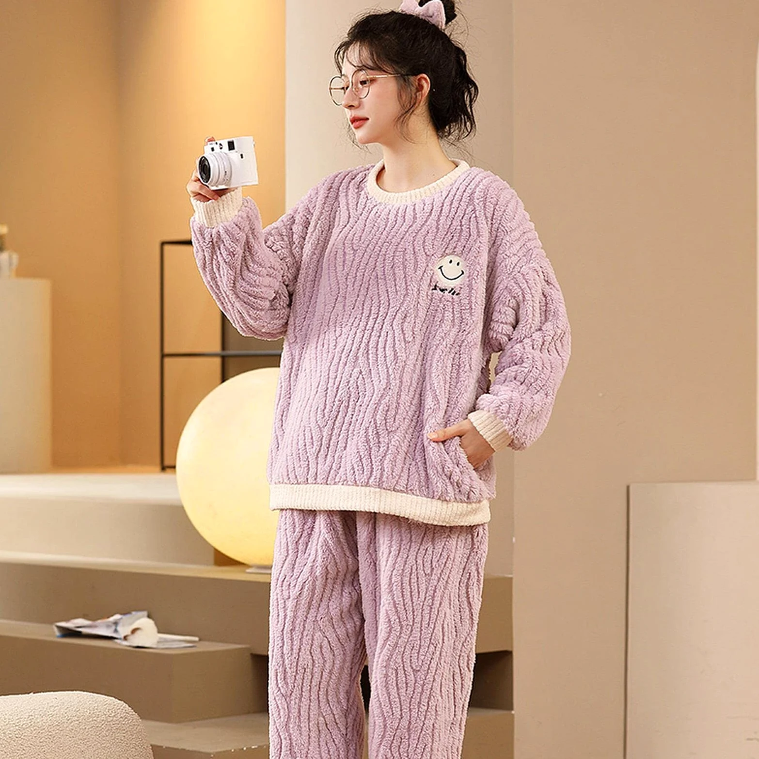 TOBILE Pijama de franela de invierno para mujer, conjunto de pijama de felpa jacquard cálido grueso para el hogar, pantalones de dos piezas, pijama 9904, M