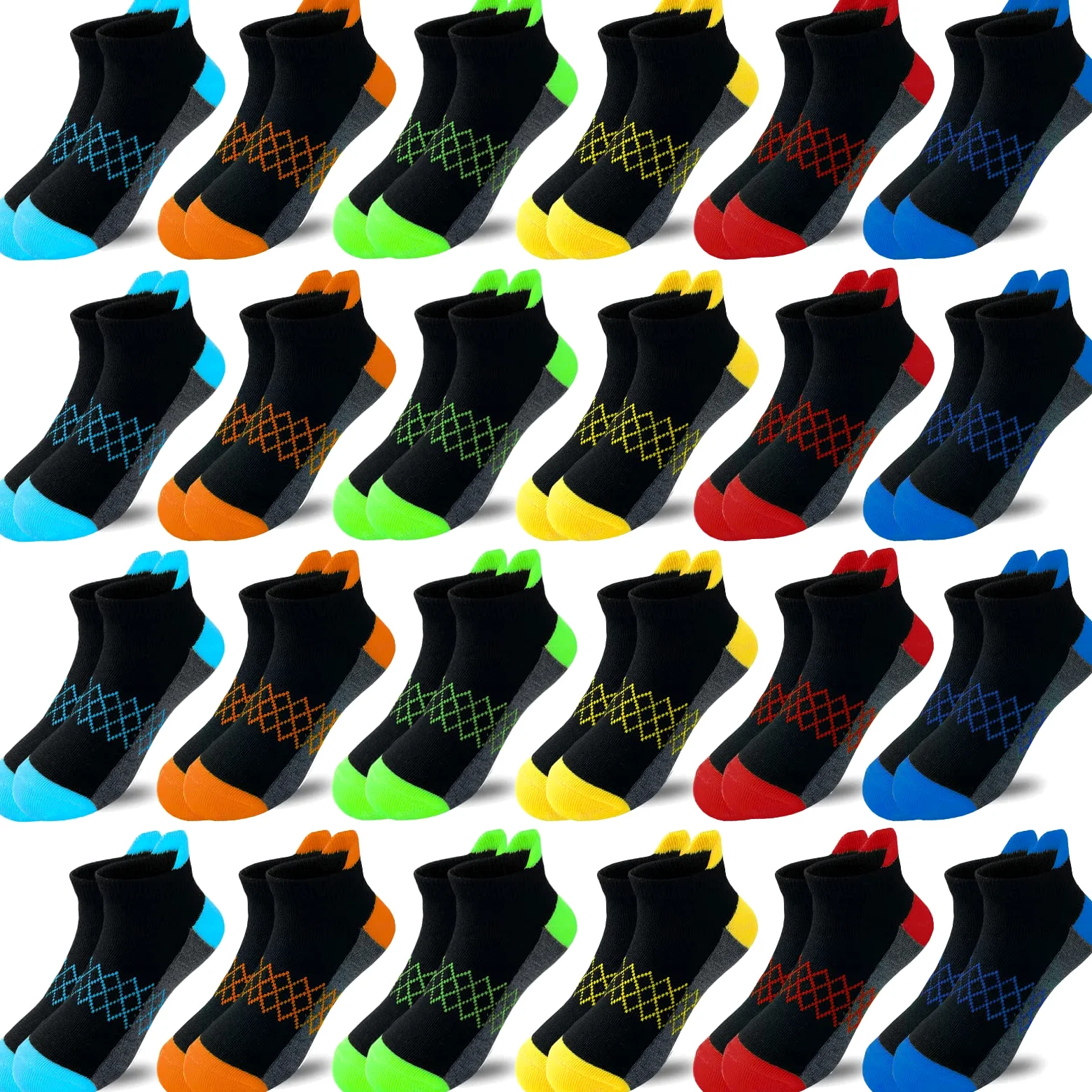 Calcetines para niño, 24 pares de calcetines de corte bajo medio acolchados para niños pequeños y grandes de 3 a 14 años