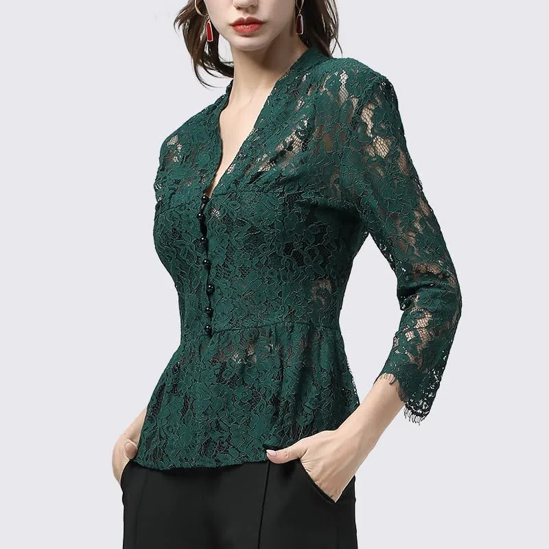Blusa de Encaje para Mujer, Camisa Hueca Transparente, Top de Primavera y Verano con Mangas 9/10, Tops de Trabajo Ajustados Sexis con Cuello en V (En8 L)