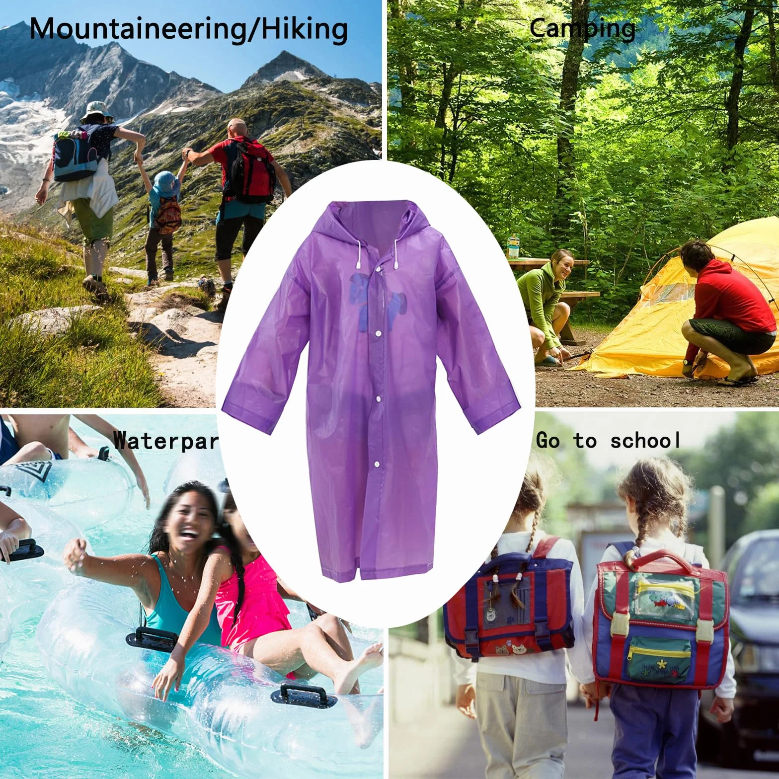 2 Piezas Infantiles Impermeable Chubasquero, Poncho Lluvia con Capucha, EVA Ponchos Lluvia Niños, Reutilizable, para Ciclismo Aire Libre, Camping, Viajes y Pesca (Púrpura)
