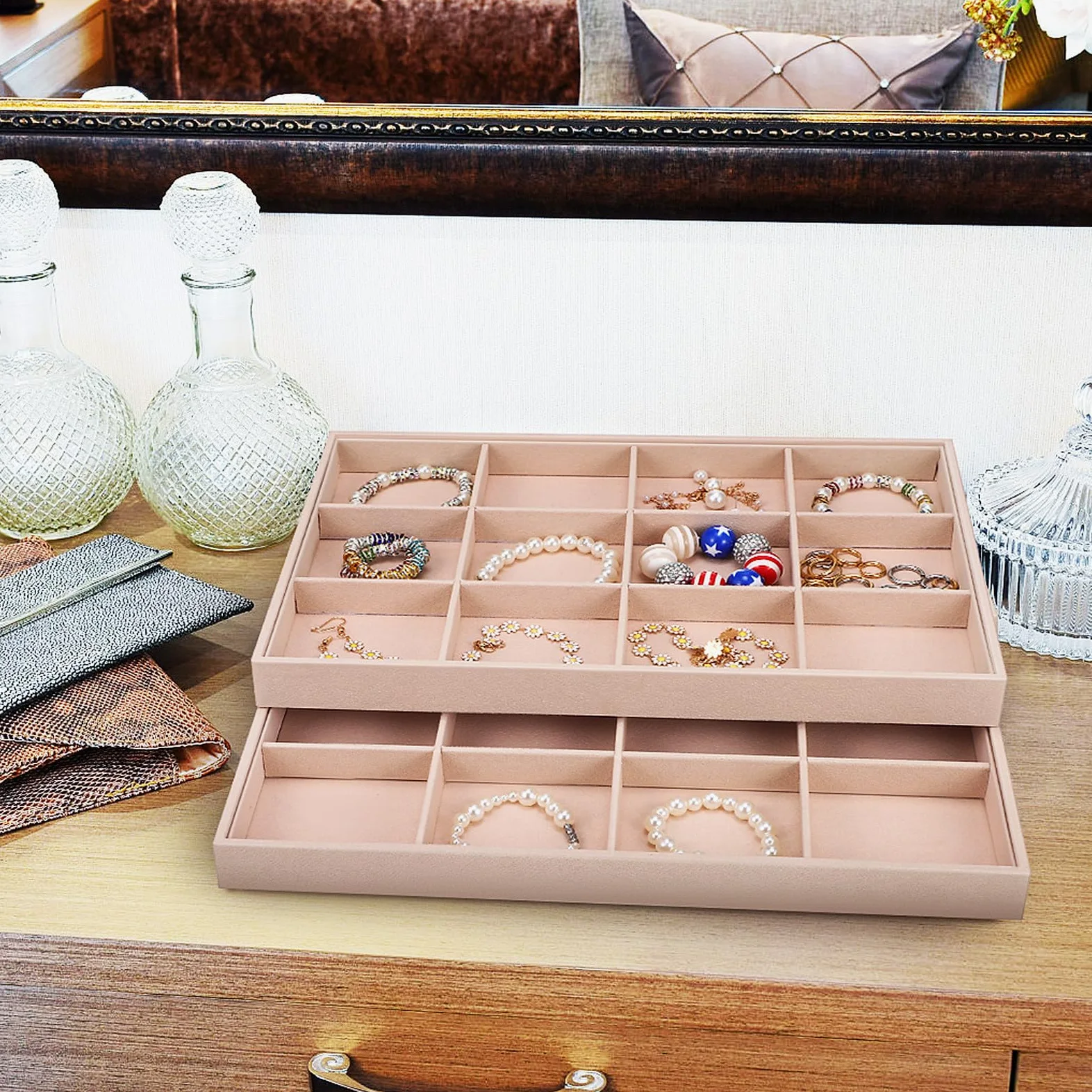Bandejas para Joyas de Terciopelo 2 Unidades Organizador 12 Compartimentos Ajustables Bandeja para Exhibición y Almacenamiento de Anillos Collares y Pulseras Uso Doméstico y