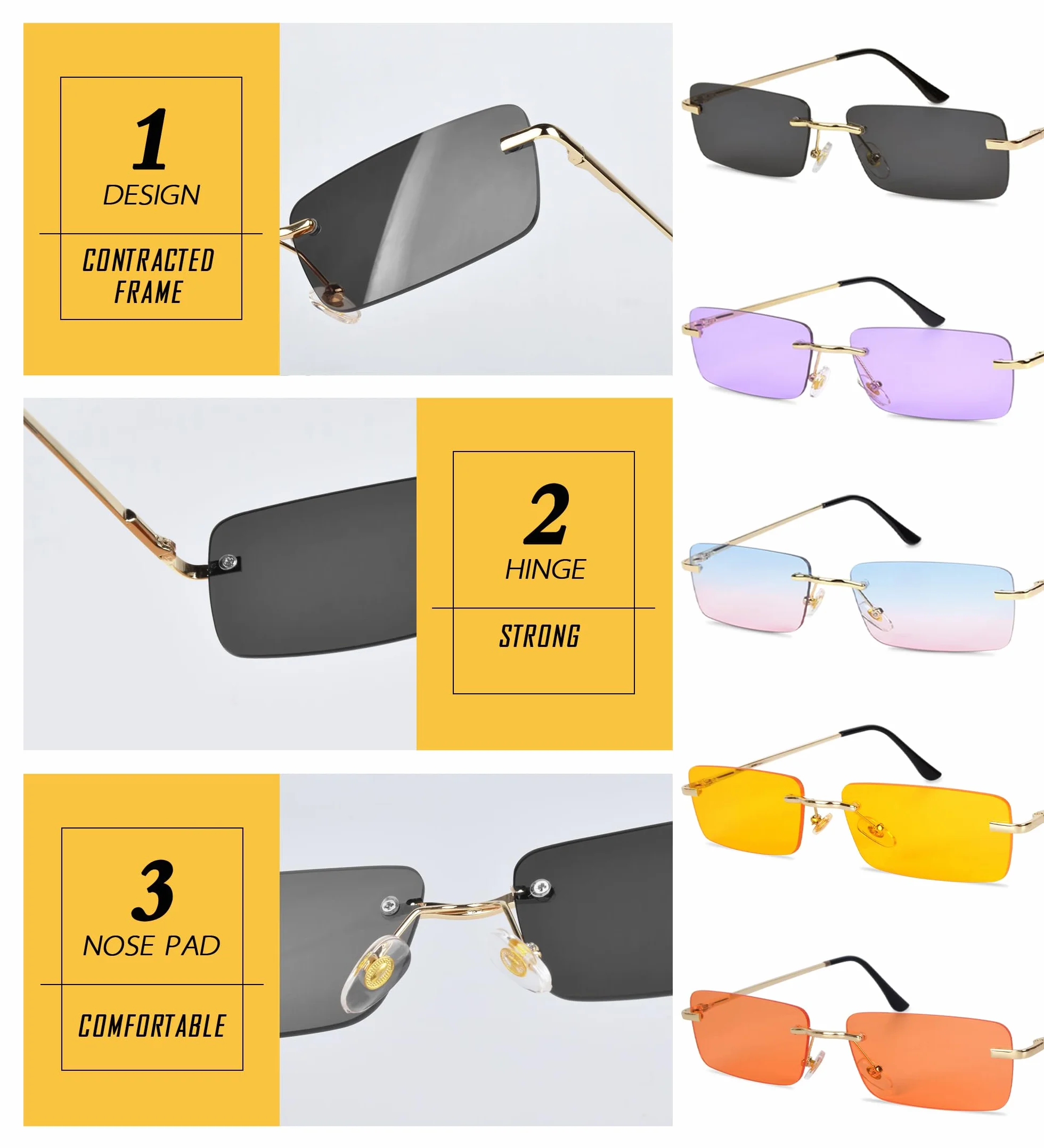Gafas de Sol Sin Montura Rectangulares Vintage UV400 para Mujer Hombre