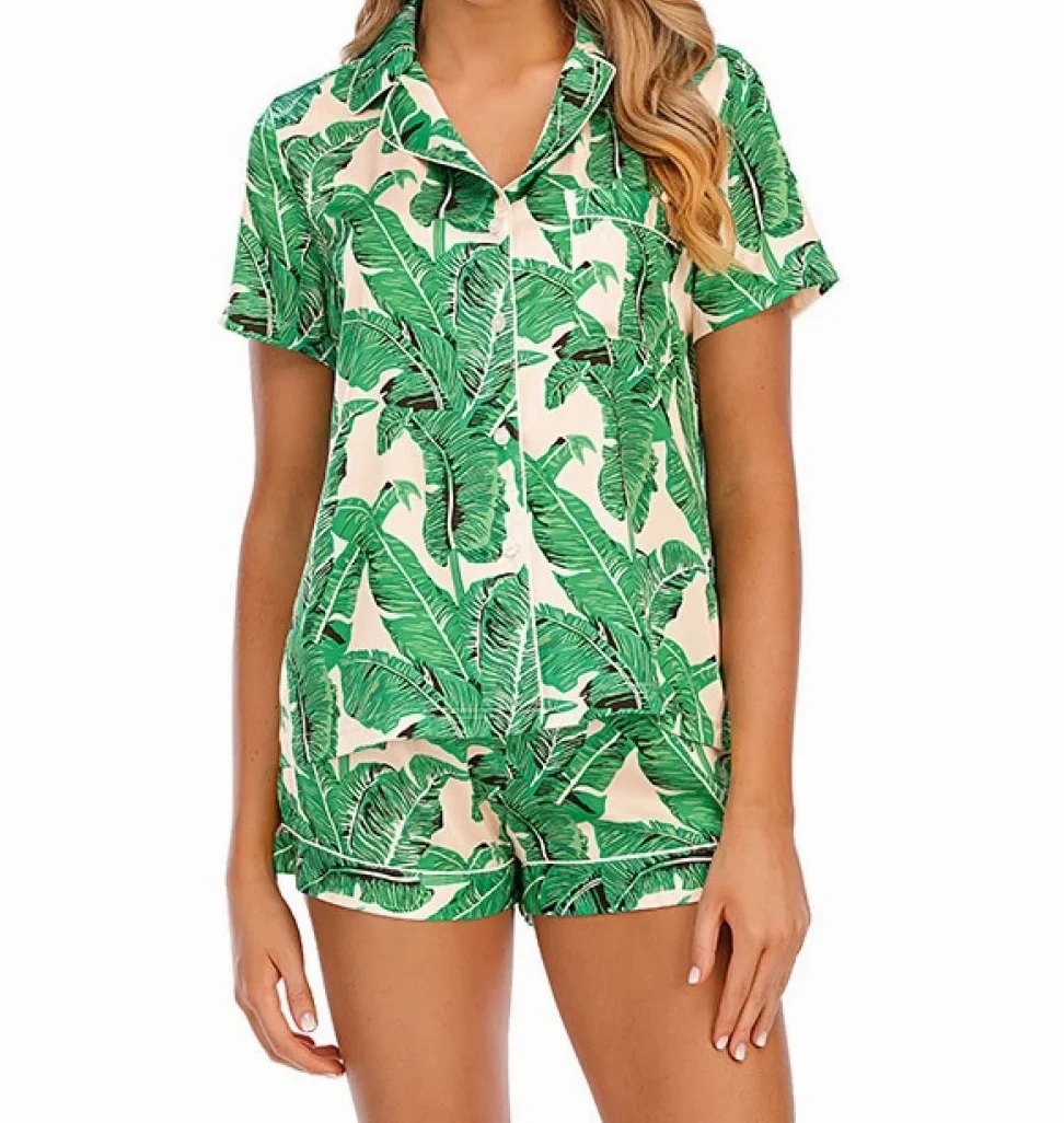 Pijama De Mujer Manga Corta,Solapa Con Estampado De Hojas Verdes Pijama De Manga Corta Para Mujer Conjunto De 2 Piezas Pijama Suave Y Cómodo Para Mujer Ropa De Salón Regalo Del Día De La Madre Pa