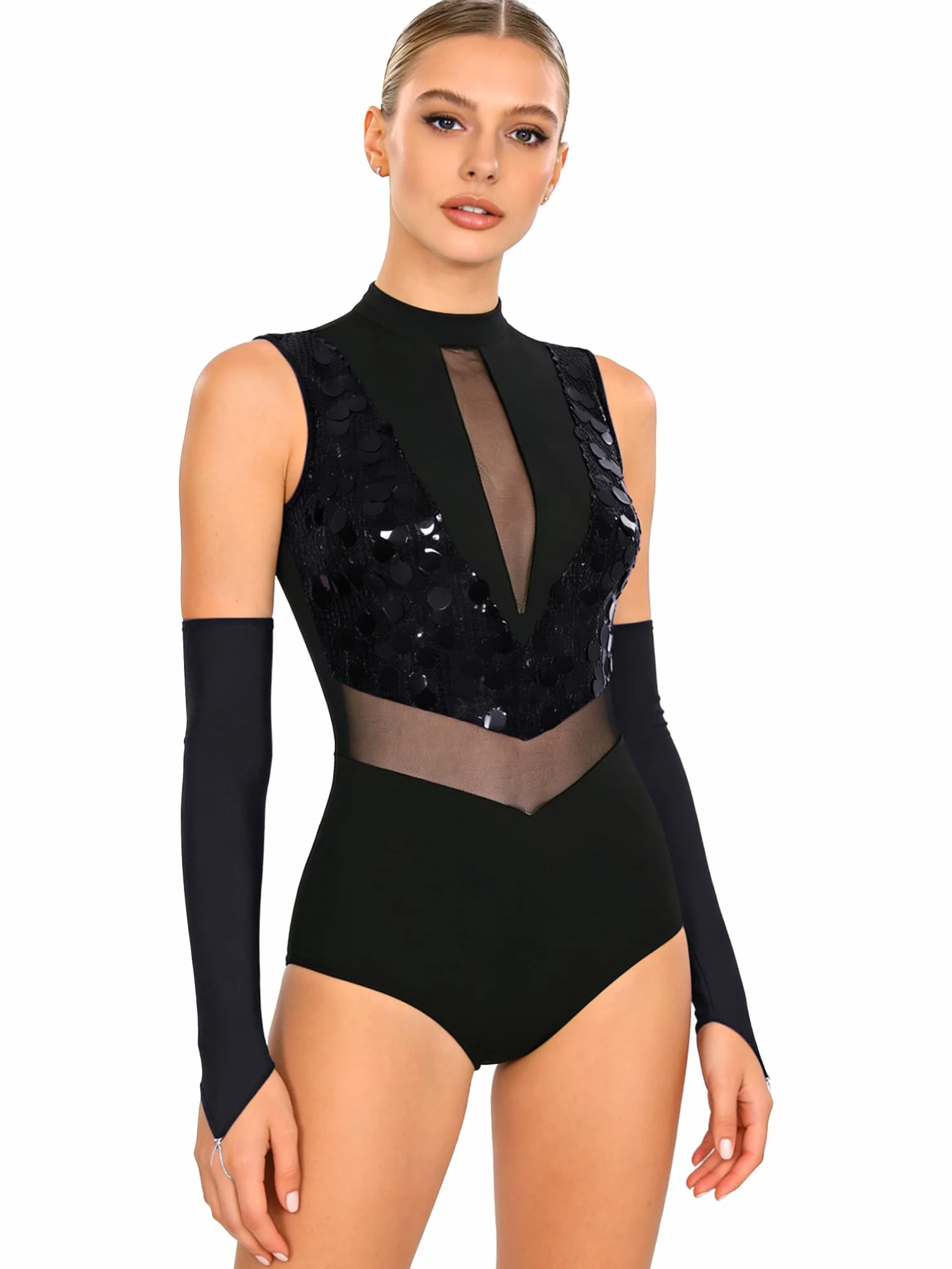 Aislor Leotardo De Danza Gimnasia Con Lentejuelas Brillantes Body Sin Mangas Malla Transparente Baile Latino Cha-cha