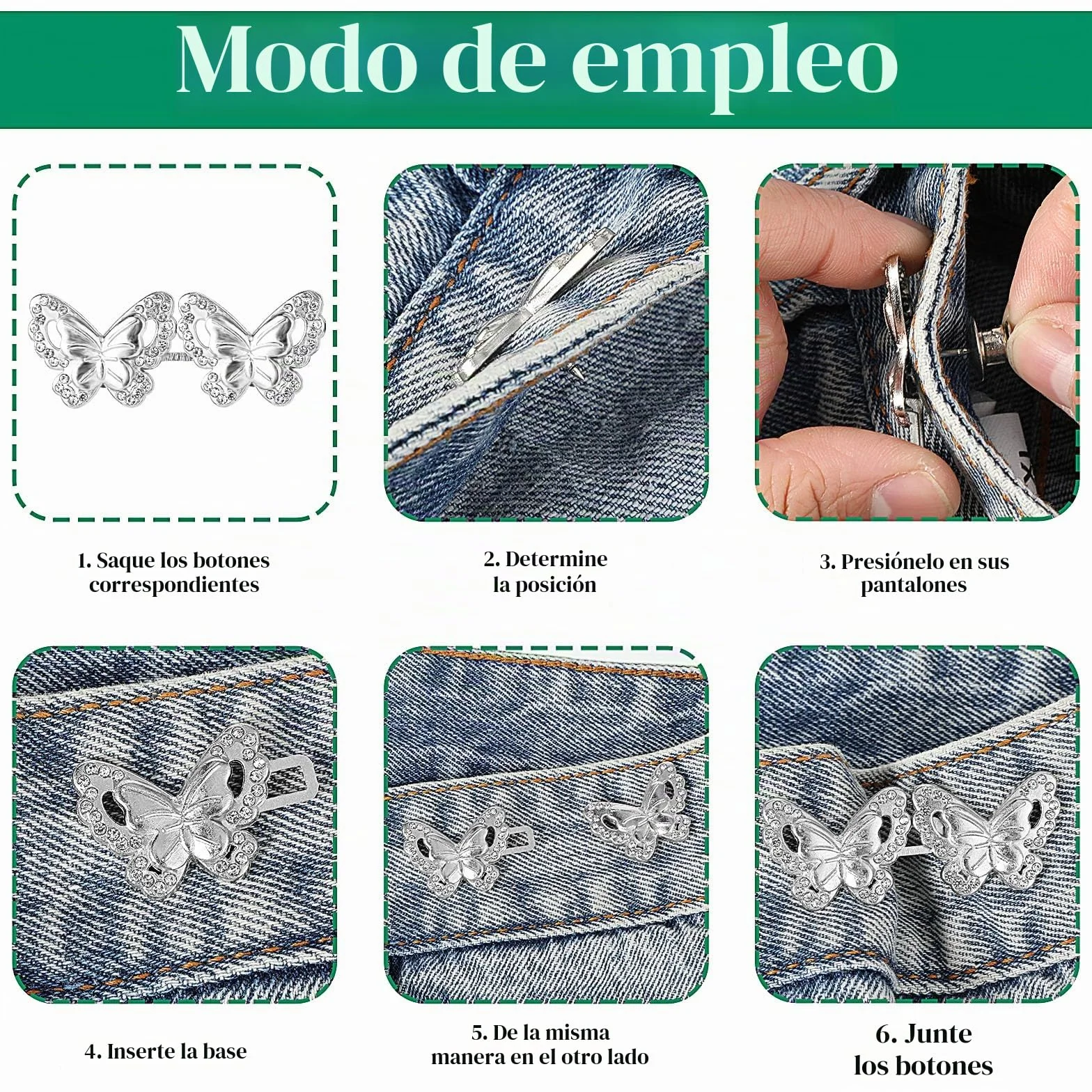 Andibro Juego de 4 tensores de cintura ajustables, hebillas de cintura desmontables, botones de ajuste para pantalones, jeans, faldas, mangas, plateado