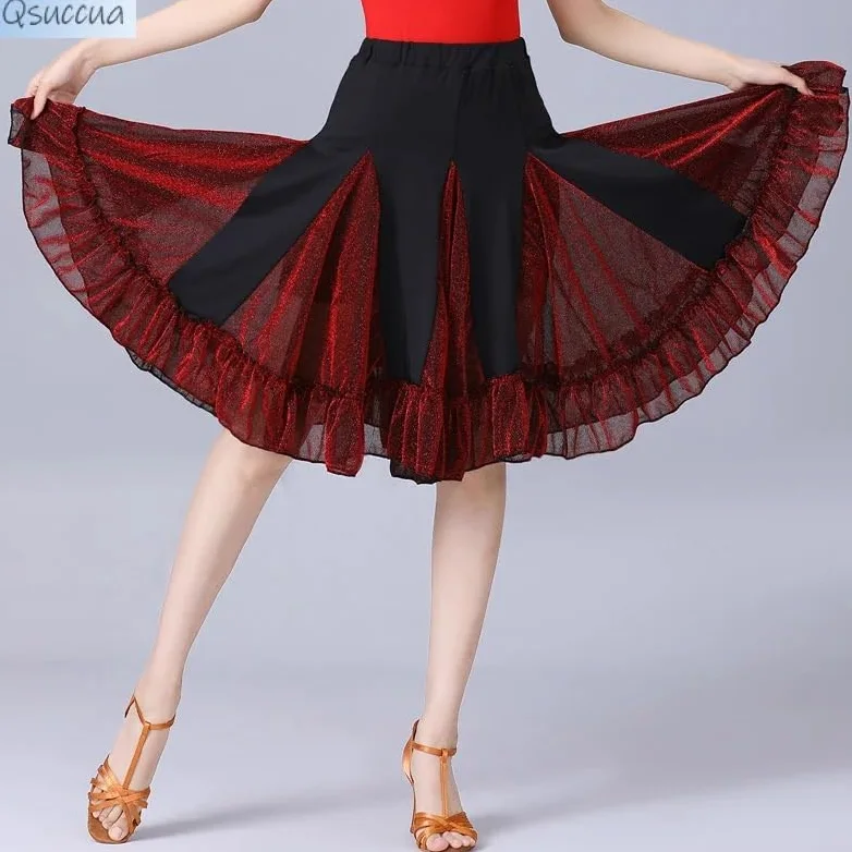 Falda de Baile Latino Falda Femenina Ropa de práctica de Baile for Adultos Falda de Baile Falda Corta Falda de Gran Vuelo(Blueblack,XL)