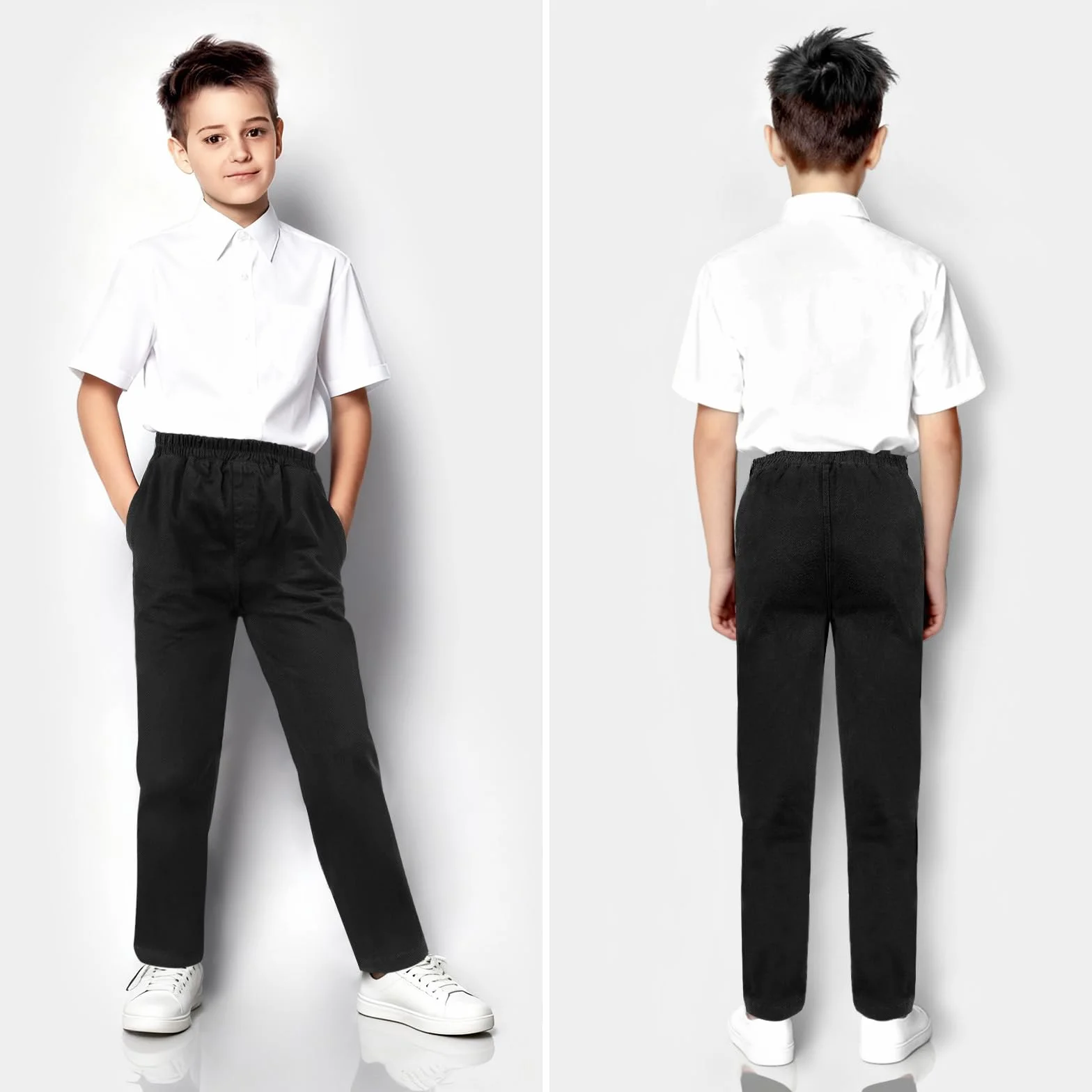 Pantalones Escolares, Pantalones Escolares Ajustados para niños, Cintura elástica, Dos Bolsillos Laterales, Negro, para Uso Diario Pantalone