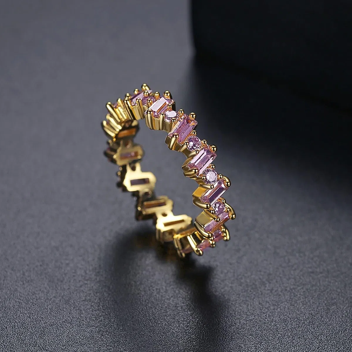 Beydodo Anillo Matrimonio Oro Amarillo 9 14 18Kilates Mujer con Rectángulo y Redondo con Cristal Rosa, Anillo Oro de Mujer Alianza