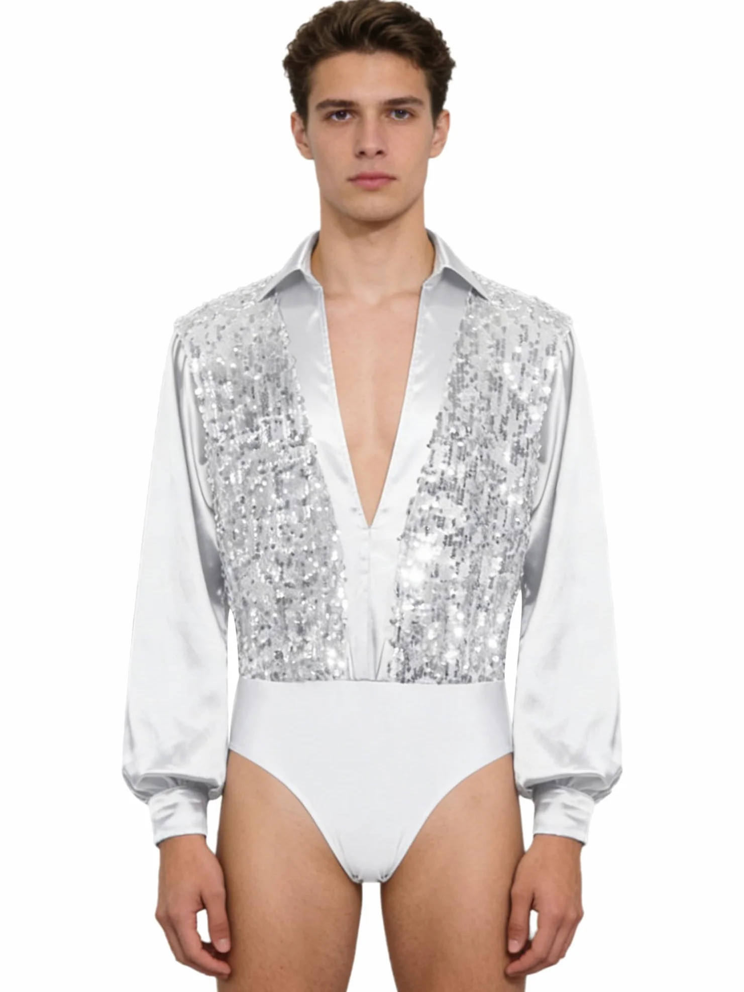Maillot de Baile Latino Rumba Samba Manga Larga Saten Lentejuelas Cuello en V para Hombre