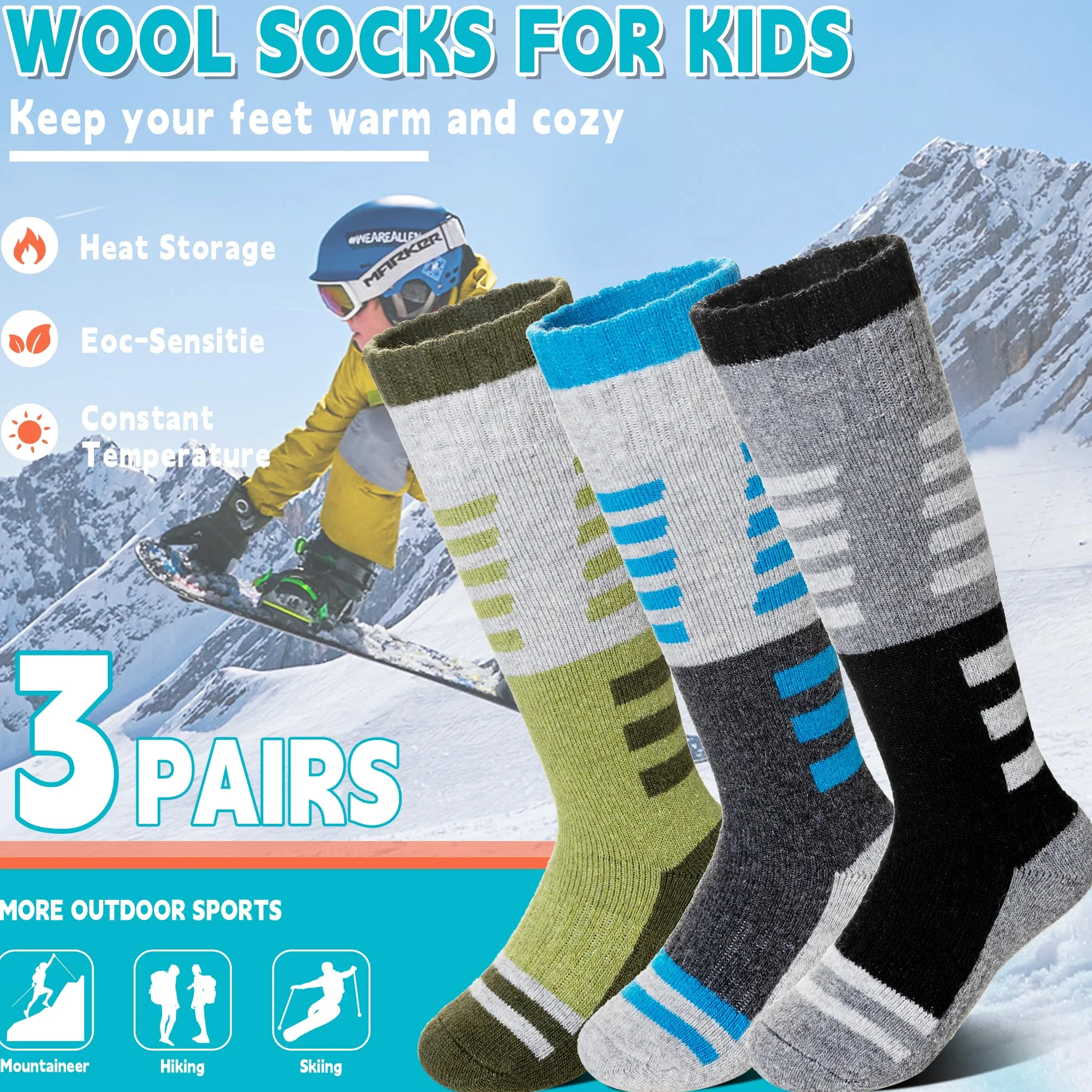 Velice Calcetines de esquí de lana merino para niños, 3 pares, térmicos, gruesos, cálidos, para invierno, para esquí, snowboard