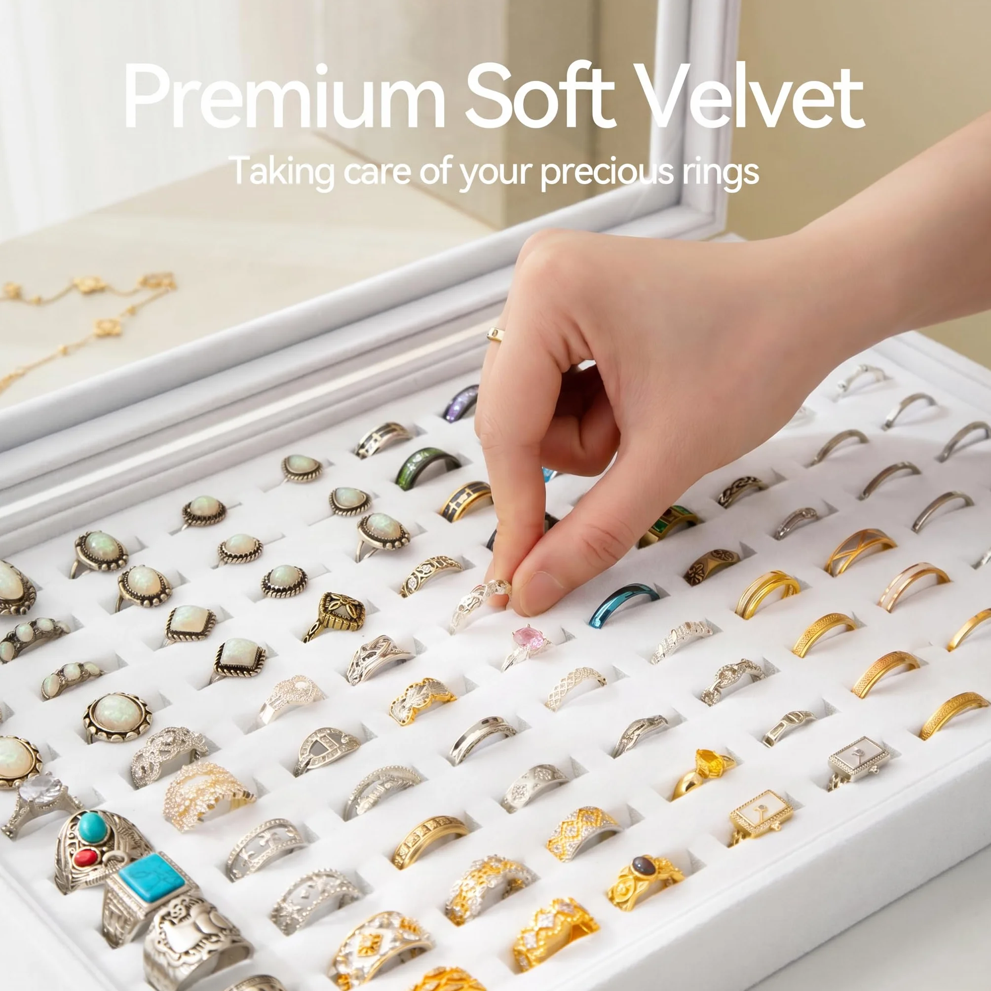 Frebeauty Bandeja organizadora de anillos con 100 ranuras para anillo con tapa transparente, caja de almacenamiento de anillo de terciopelo, bandeja de anillo(Blanco)