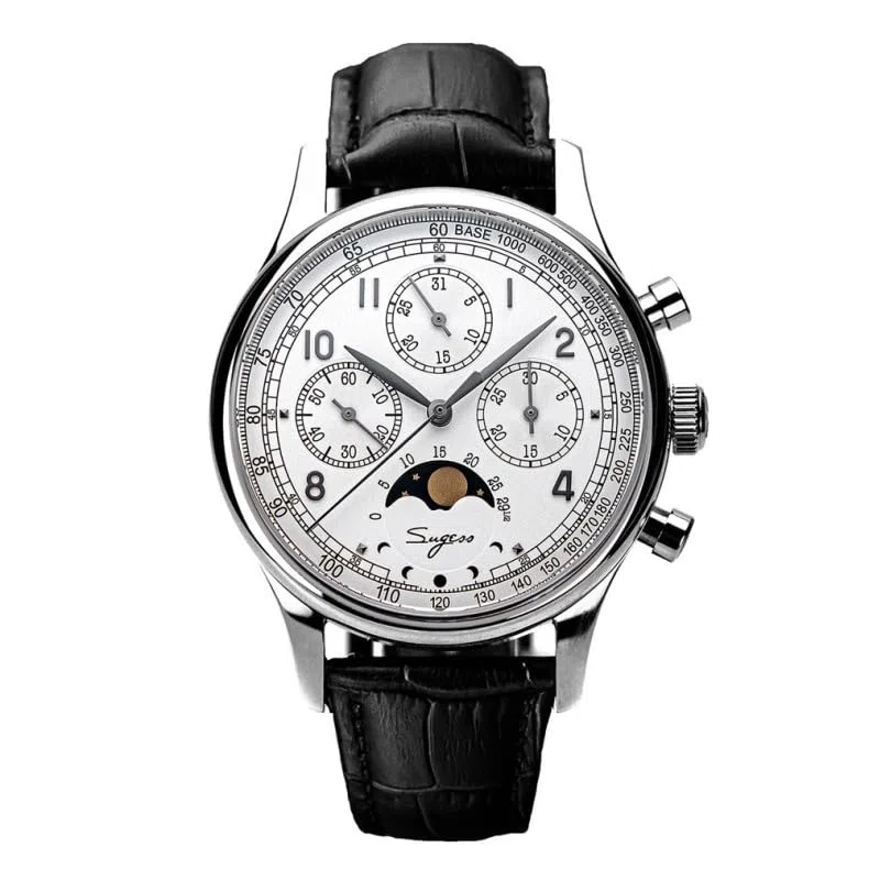 Seestern Sugess ST1908 Fase Lunar Cronológico Mecánico Acero Blanco Negro Cuero Reloj Hombre, Negro