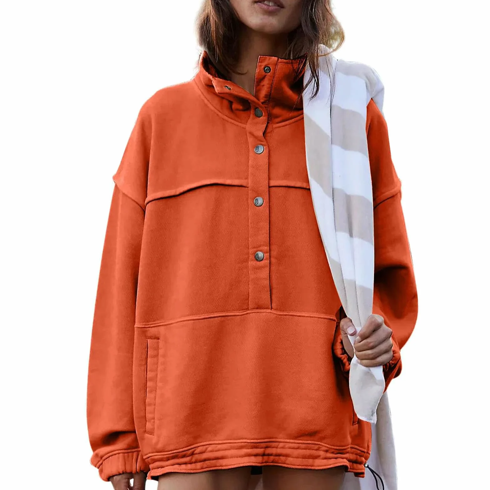 Sudaderas holgadas para Mujer, suéteres de Gran tamaño de Invierno, Tops de Cuello Alto con Cierres a presión, Sudaderas de Manga Larga, Gris, S