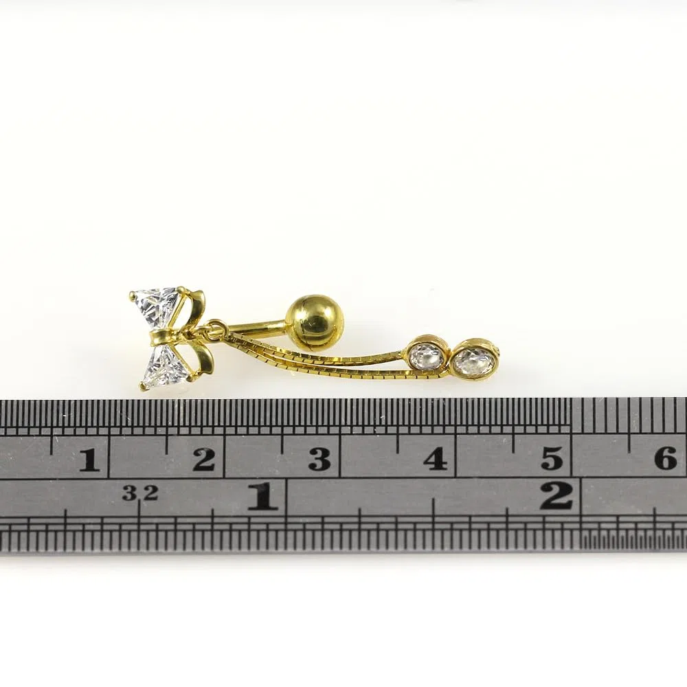 Piercing para ombligo de oro amarillo macizo de 14 quilates con circonita cúbica y cadena colgante, barra inversa para ombligo, joyería para ombligo de 14 quilates, calibre 14, 14 Gauge