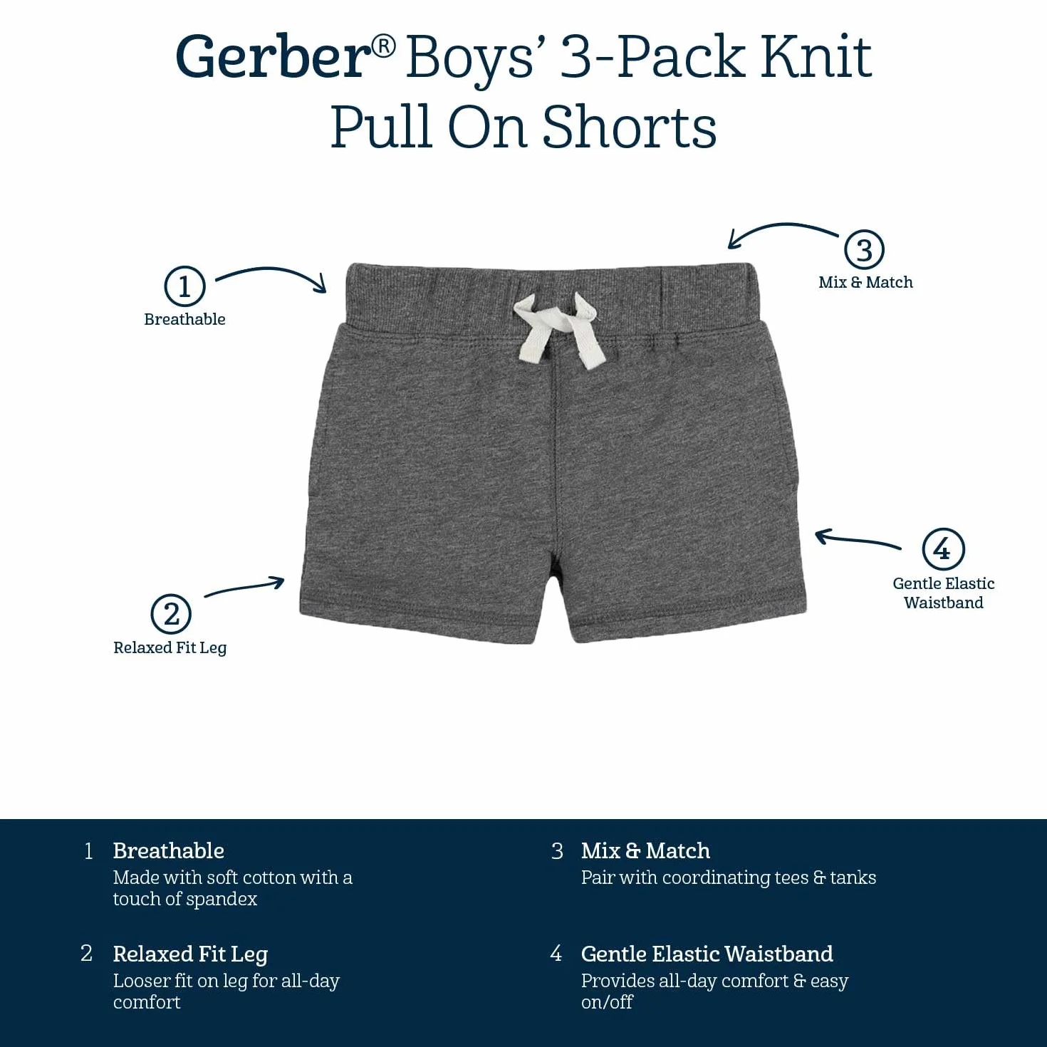Gerber - Pantalones cortos de punto, 3 unidades, gris/negro/jaspeado oscuro, de 2 años