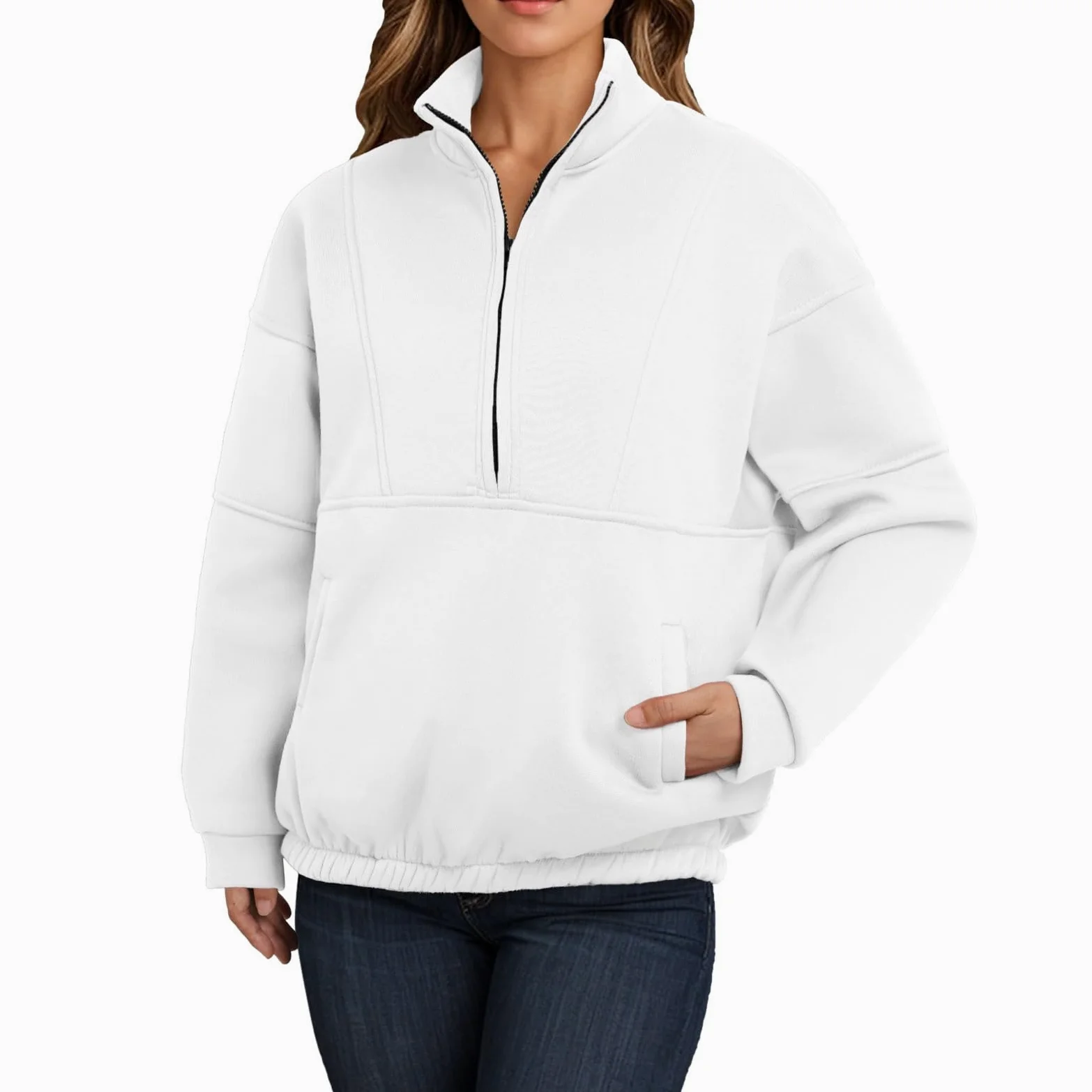 Sudaderas de moda con media cremallera para mujer, casual, Y2K, invierno, otoño, cuello alto, manga larga, trajes de moda 2024, personalizables, lindas y suaves, blanco, XXL