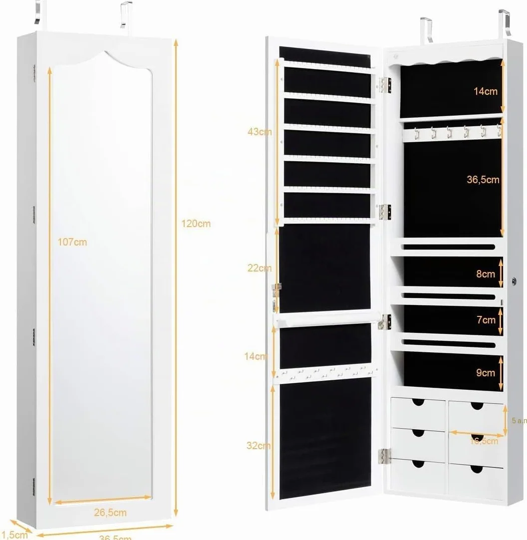 GIANTEX Armario de Joyas con Espejo de Cuerpo Entero, Armario Joyero con Cerradura y 5 LED, Montado en la Pared o en la Puerta, 36,5x11,5x120cm, para Pendientes, Anillos, Collares y Pulseras, Blanco