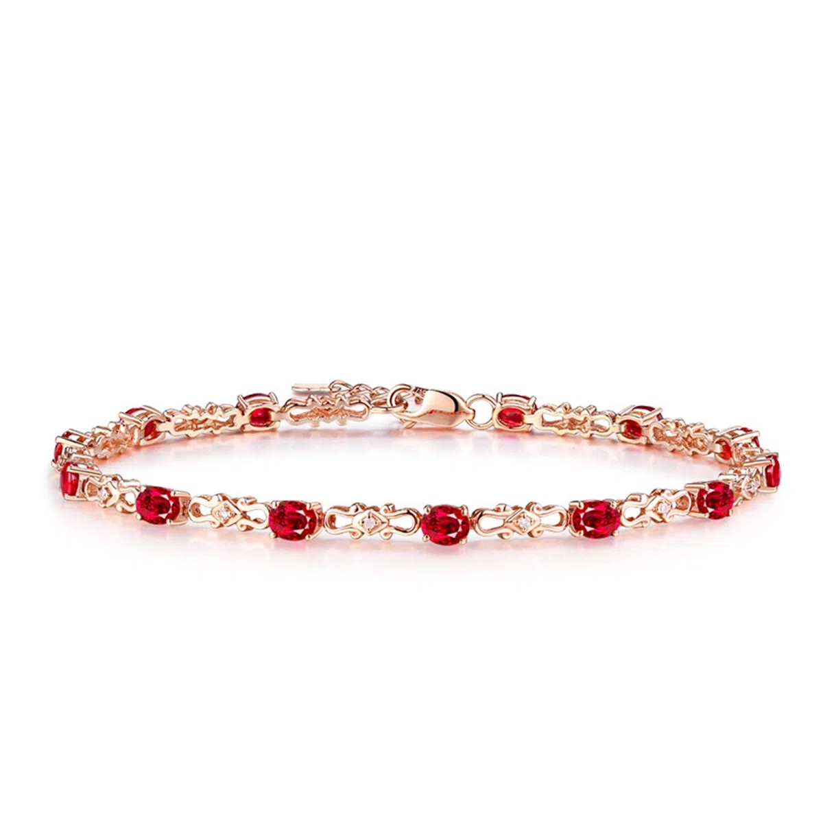 ZH1YFD Pulsera de Cadena de rubíes de Oro Rosa, Pulseras de Mujer con eslabones de Barra y Pulsera de rubí de 2,6 Quilates de 17 CM