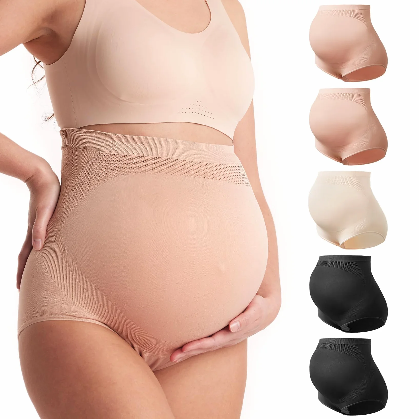 Momcozy Ropa interior materna de cintura alta para mujer, suave, sin costuras, corte por encima del vientre, 5 unidades
