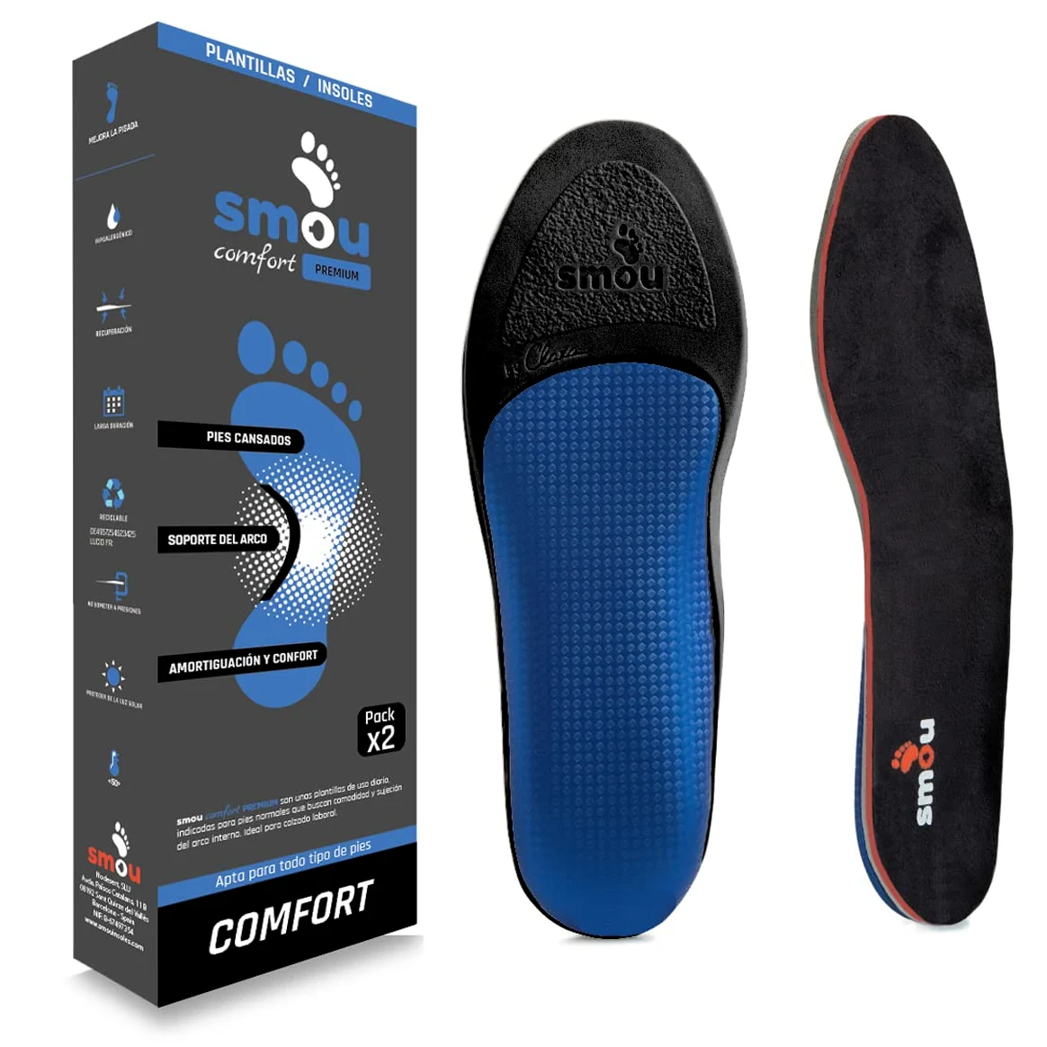 SMOU Comfort Premium Plantillas Gel con Soporte Arco para Trabajo Diario | Plantillas de confort con base rígida que estabiliza el pie, aporta soporte ligero al arco y favorece una pisada más firme