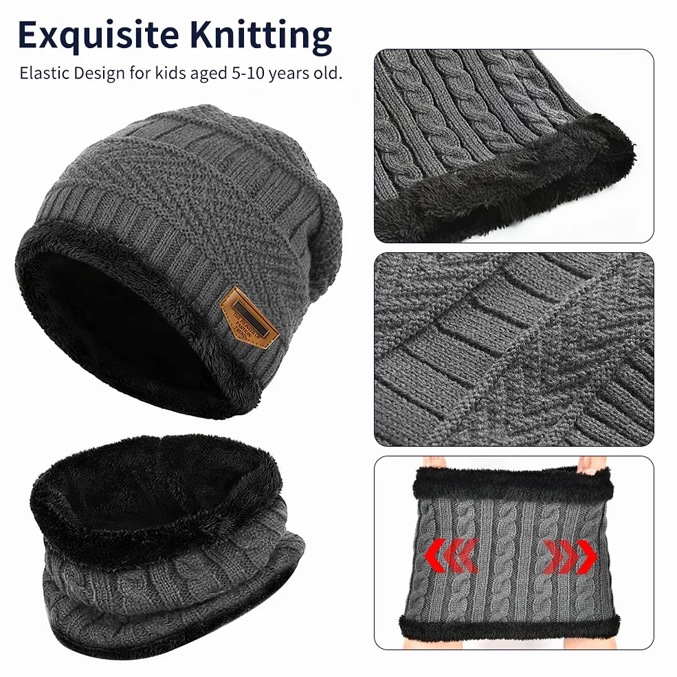 Niño Gorra Bufanda Guante Set - Tejer Lana Polar Calentador Cuello Capa Pantalla Táctil Mitones Suave Invierno Disfraz Correr Moto Bici Fútbol Deporte Frío Esqui Nieve Frozen Snowboard Navidad Año5-10