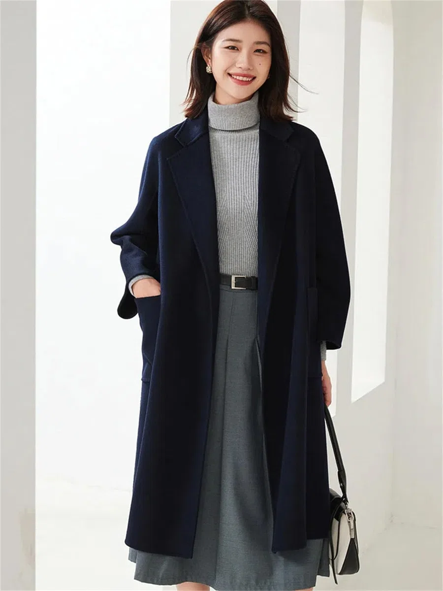 Abrigo largo de cachemira con bolsillo grande para mujer, abrigo de lana cálido salvaje, abrigo de lana qiantuo, talla M, qiantuo, M