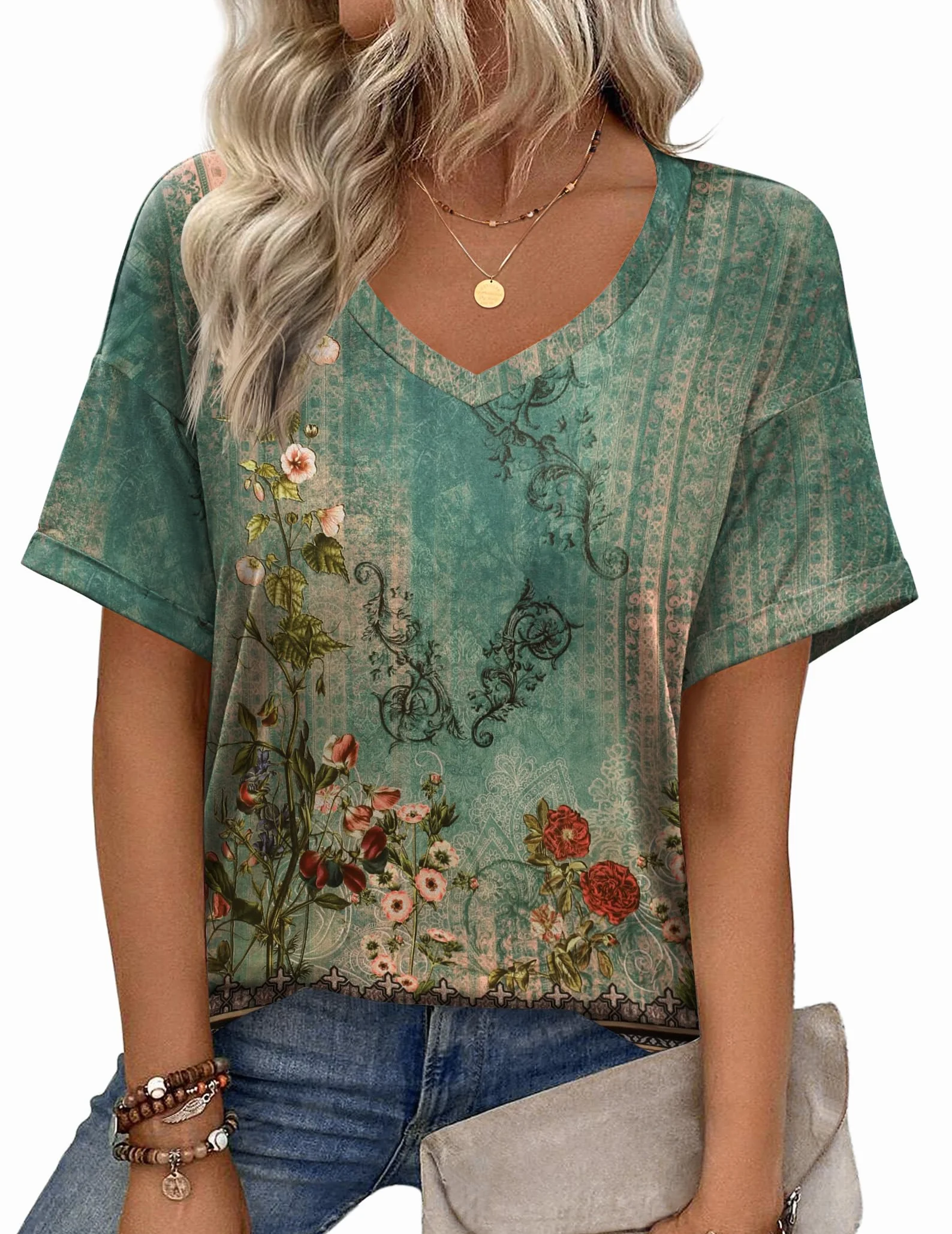 Zeagoo Camiseta Mujer Manga Corta Cuello V Verano Blusa Holgada T-Shirt S-XXL