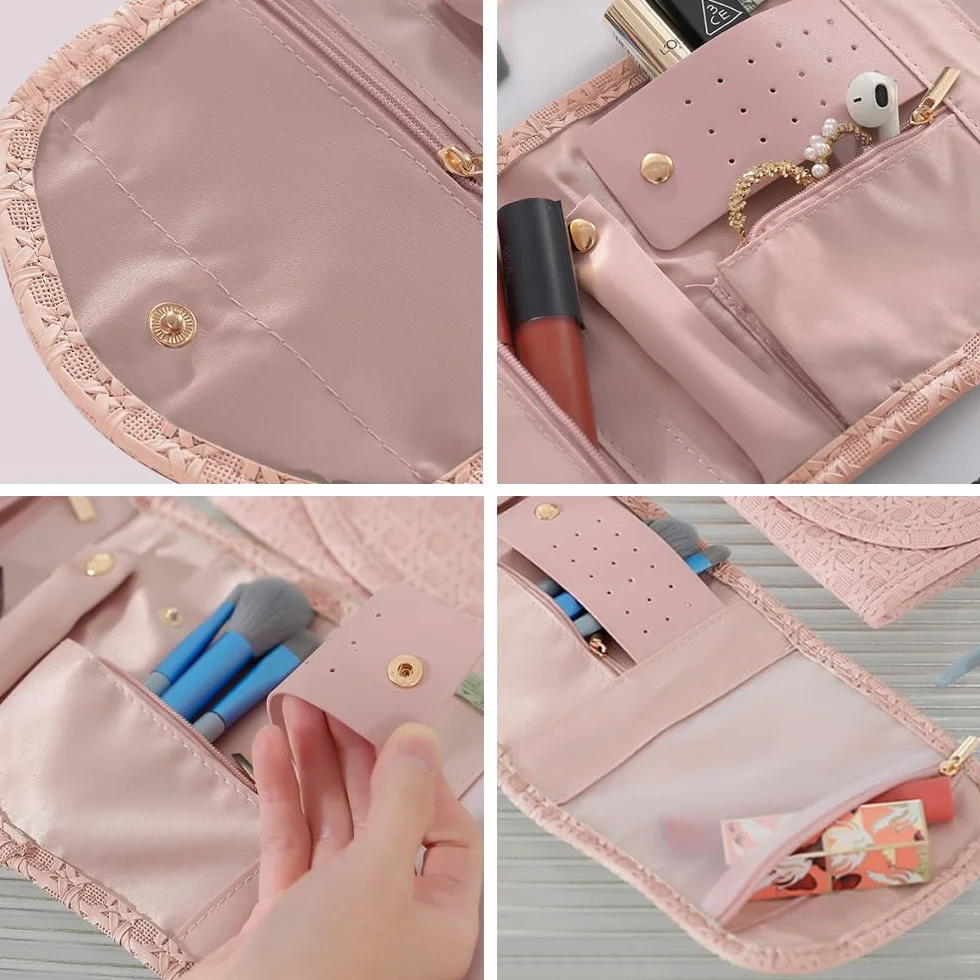 Bolsa de rodillos para joyas, organizador de viaje, piel sintética, almacenamiento para pendientes, rosa