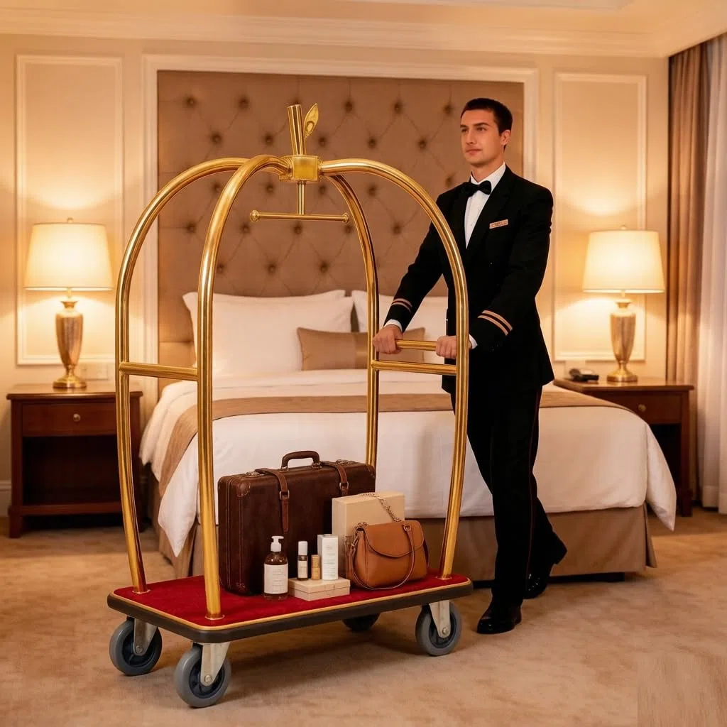 Carrito de Equipaje, Carrito de Servicio de Hotel, Ruedas de Goma de 6 Pulgadas, Dorado, Acero Inoxidable, Apto para Lugares comerciales como hoteles, Apartamentos, Resorts, etc.