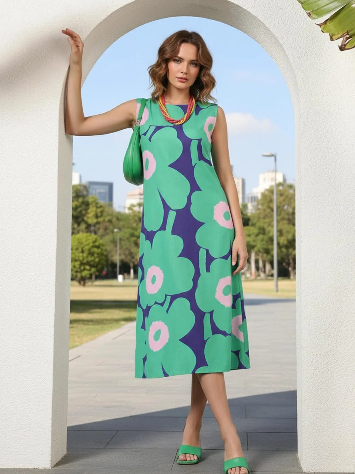 GRECIILOOKS Vestido de mujer para mujer, vestido de una pieza occidental sin mangas largo para mujer, vestidos de verano estampados casuales para playa y elegantes trajes de fiesta