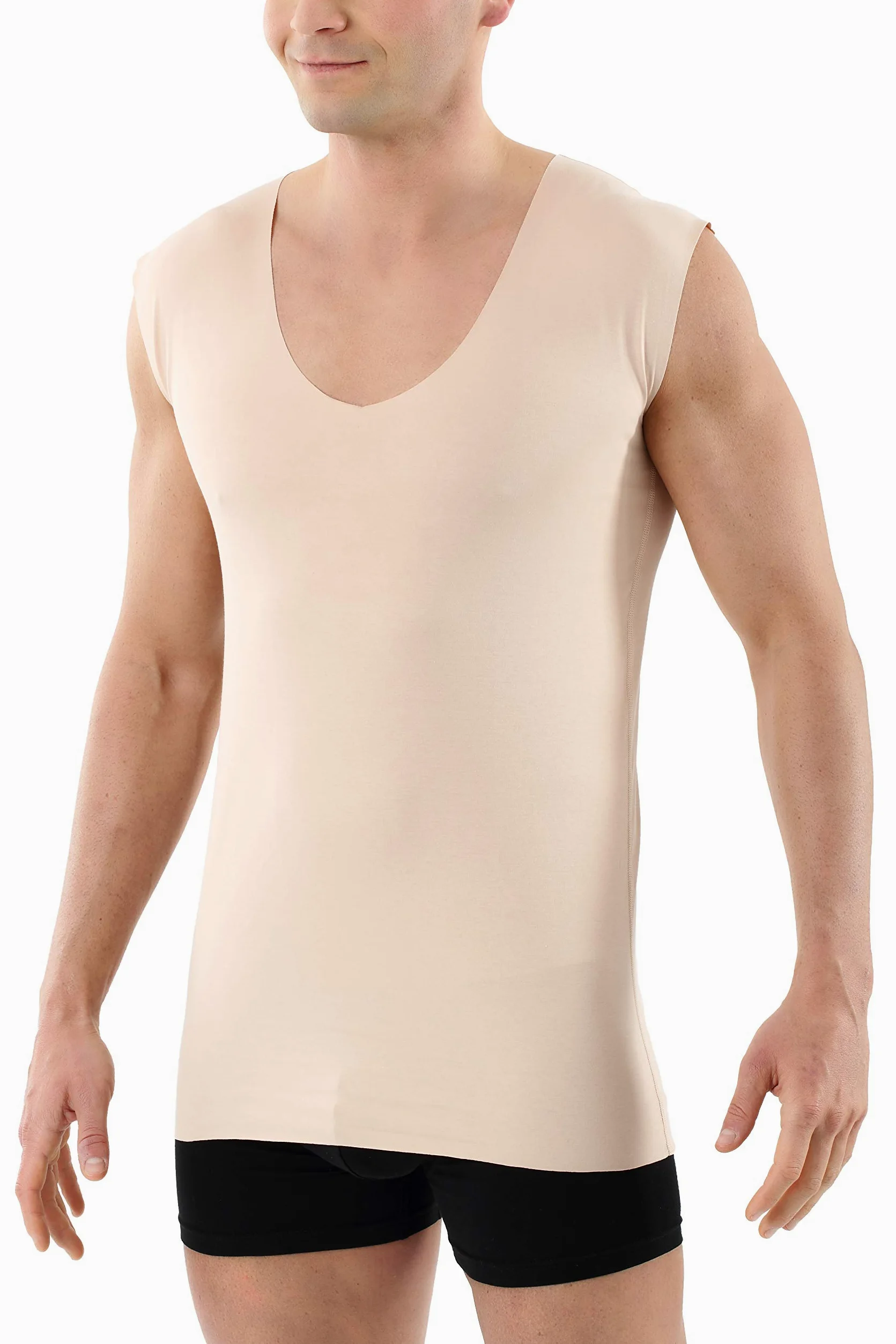 ALBERT KREUZ Camiseta Interior Invisible sin Mangas en Tejido algodón Elastico Clean Cut sin Costuras con Cuello en V Profundo Color Piel