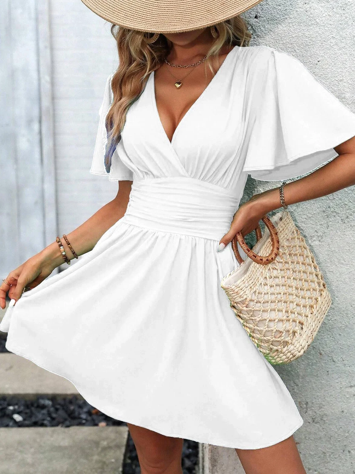 LIAMERHE Vestido Manga Larga/Manga Corta Mujer Casual Vestidos Largos Cuello en V Elegante Dress de Manga Farol Vestido línea A Mangas Mariposa