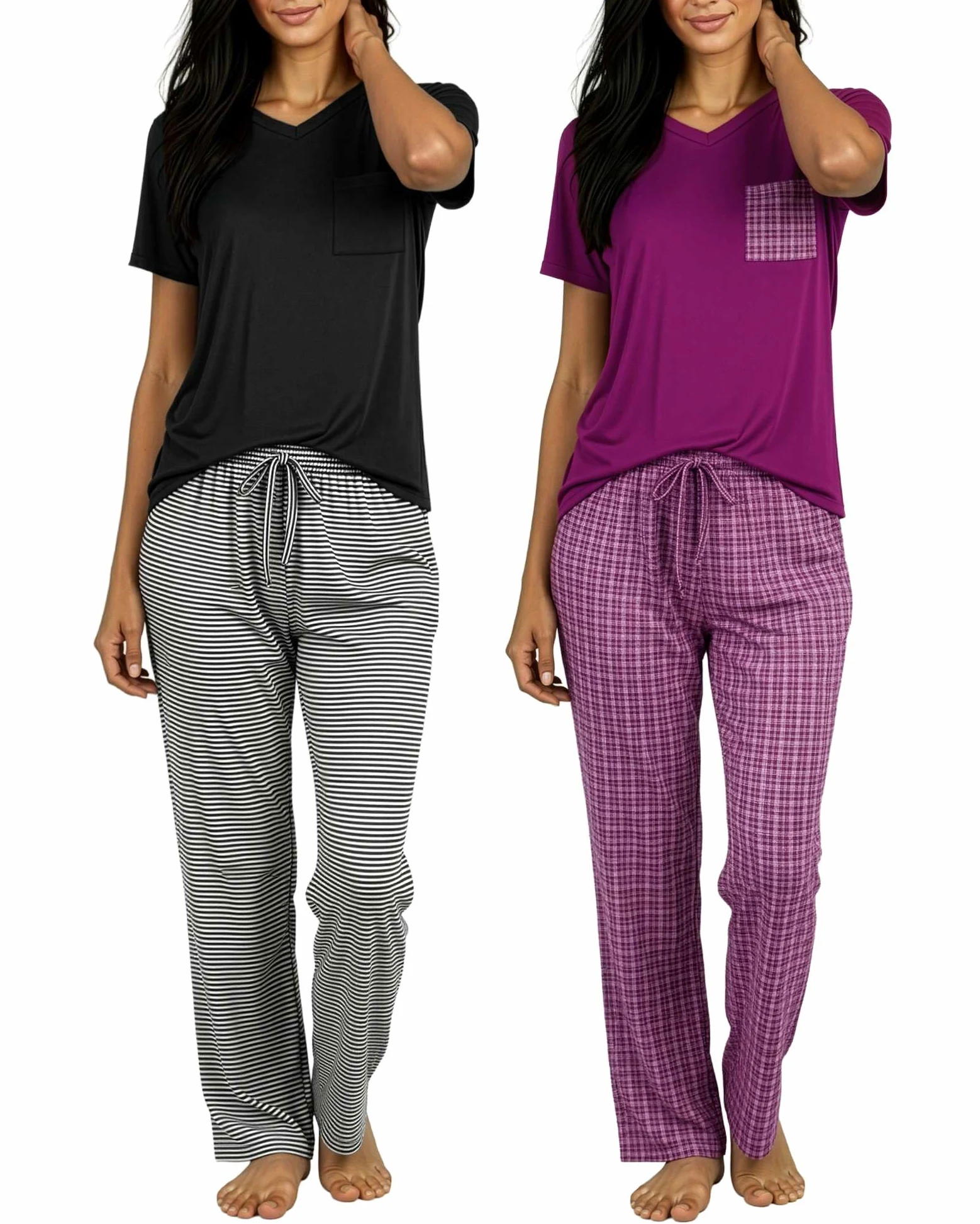 Real Essentials Paquete de 2: conjuntos de pijama cómodos para mujer, ropa de dormir de manga corta y larga para mujer (disponible en Plus), Conjunto E negro y morado, S