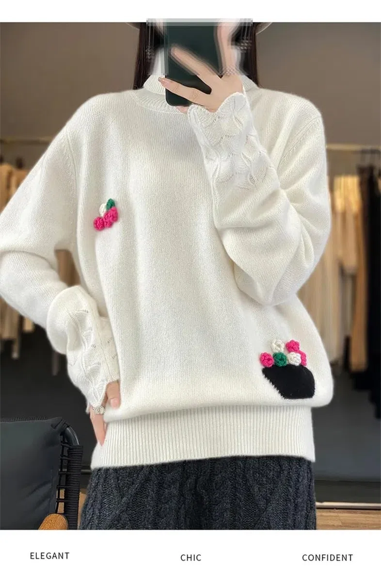 Suéter bordado de cuello alto para mujer, suéter de punto suelto para otoño e invierno