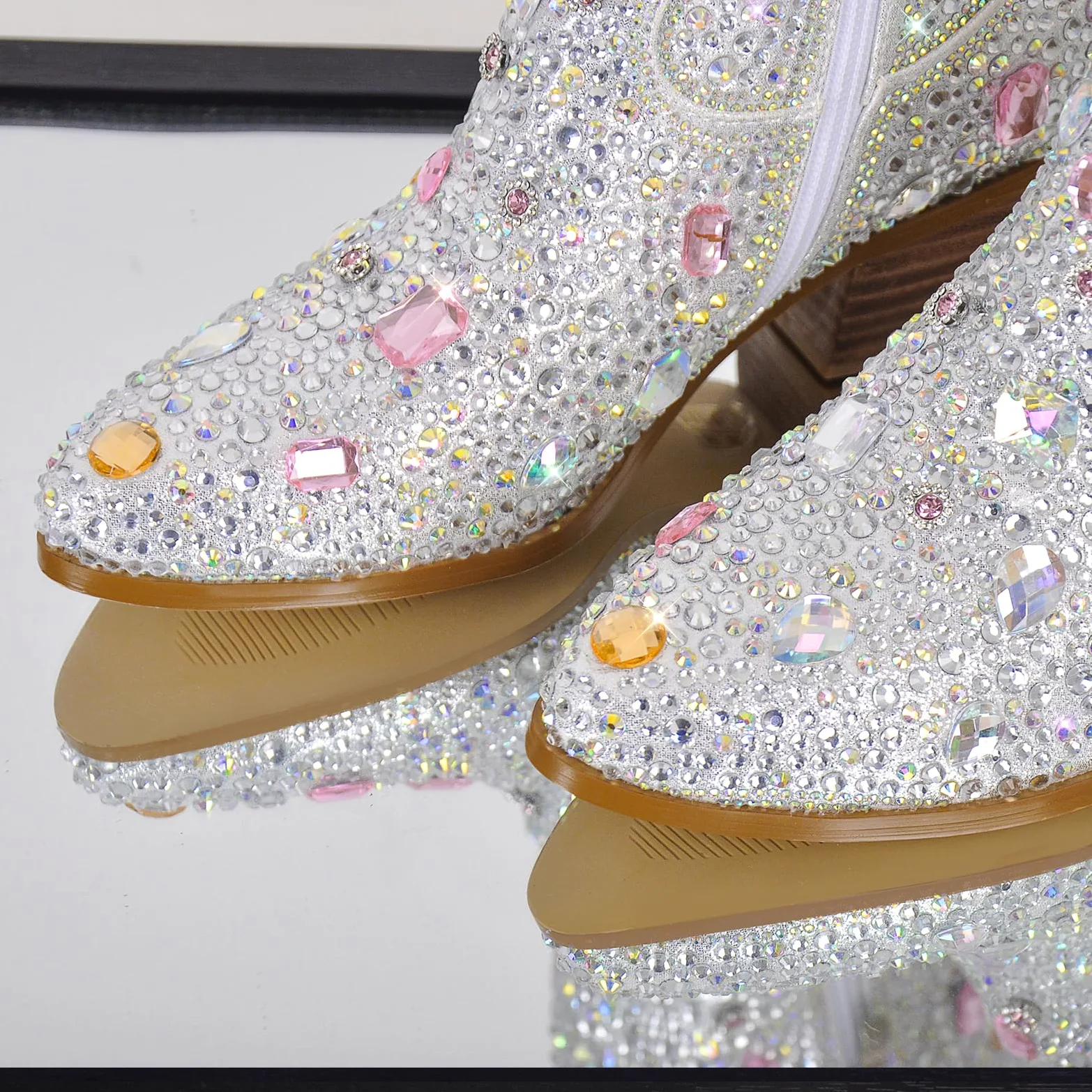 MissHeel Botines de vaquero brillantes con tacón de embudo con purpurina, botas occidentales decoradas con piedras preciosas
