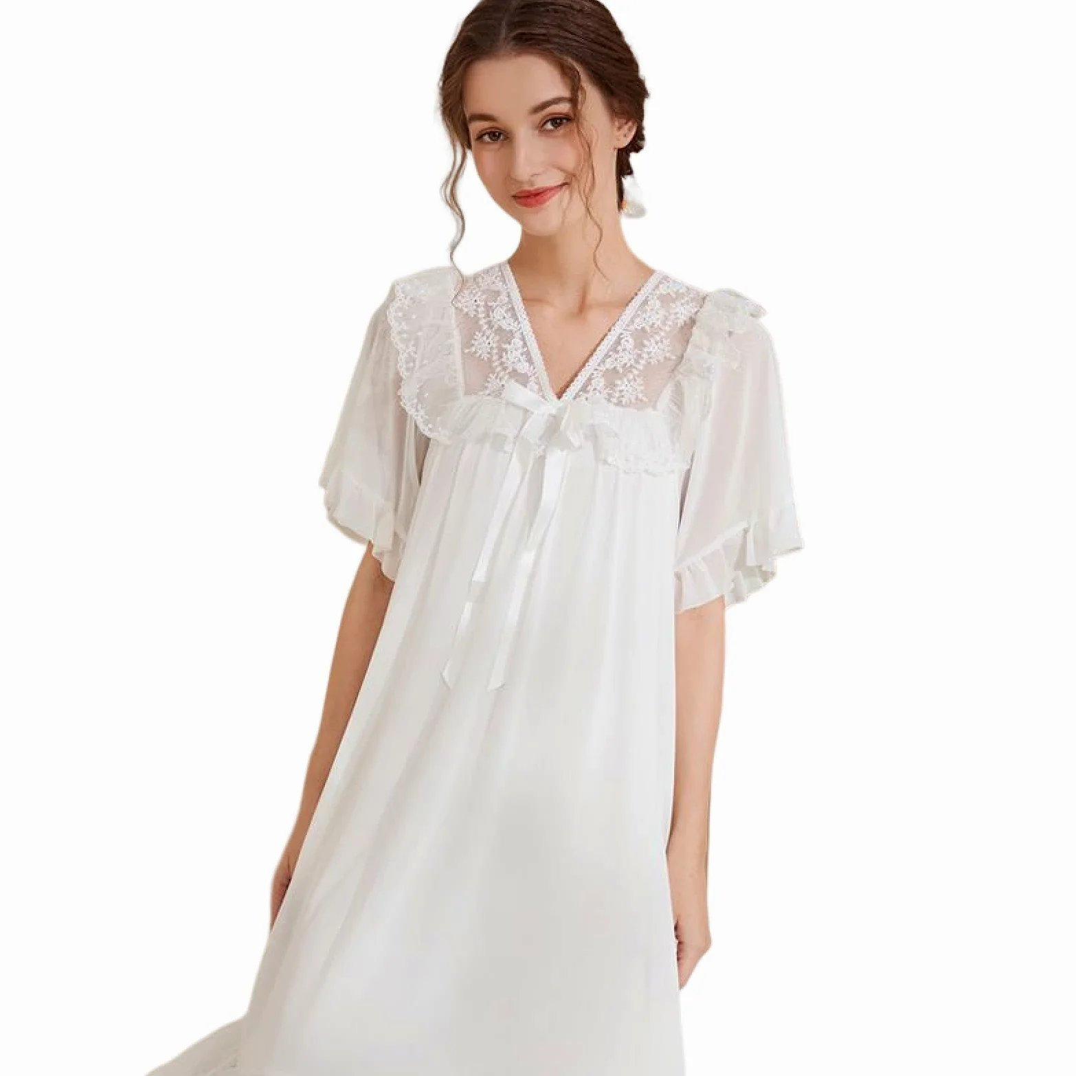 OFFSUM Camisón De Pijama De Mujer - Camisón De Princesa De Color Sólido Camisón De Verano con Lazo De Malla De Encaje Camisón De Dos Pisos Elegante Bordado Ropa De Casa Lencería