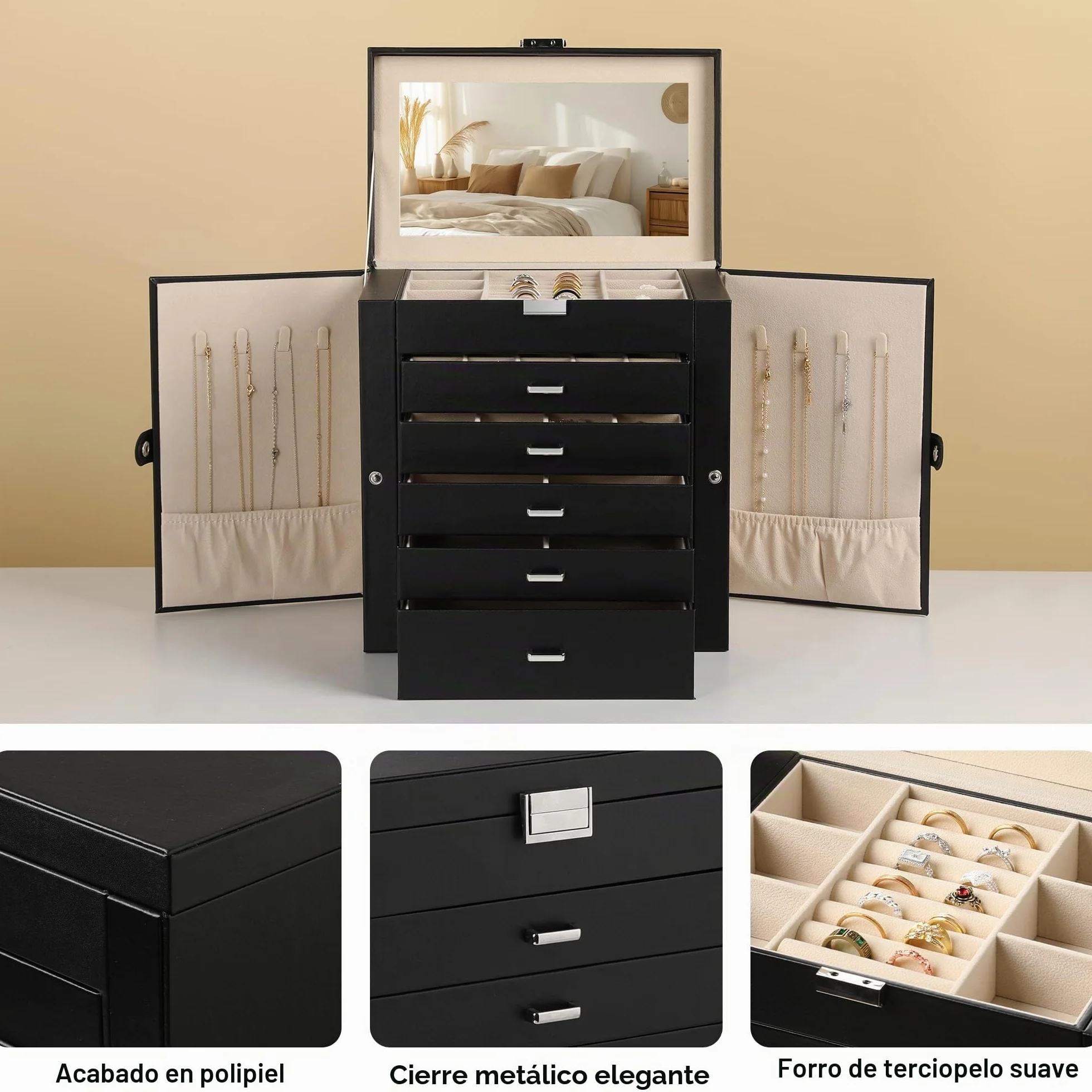 Frebeauty Caja de joyería grande 6 niveles cuero sintético con cerradura espejo organizador joyas Negro