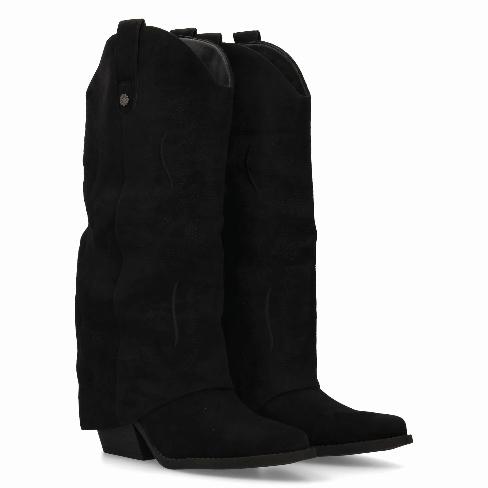 Bota para Mujer Estilo Cowboy, acabada en Punta y con Grabados Bordados en la Cana. Tacon Cubano y Cierre de Cremallera. Ideal Otono Invierno.
