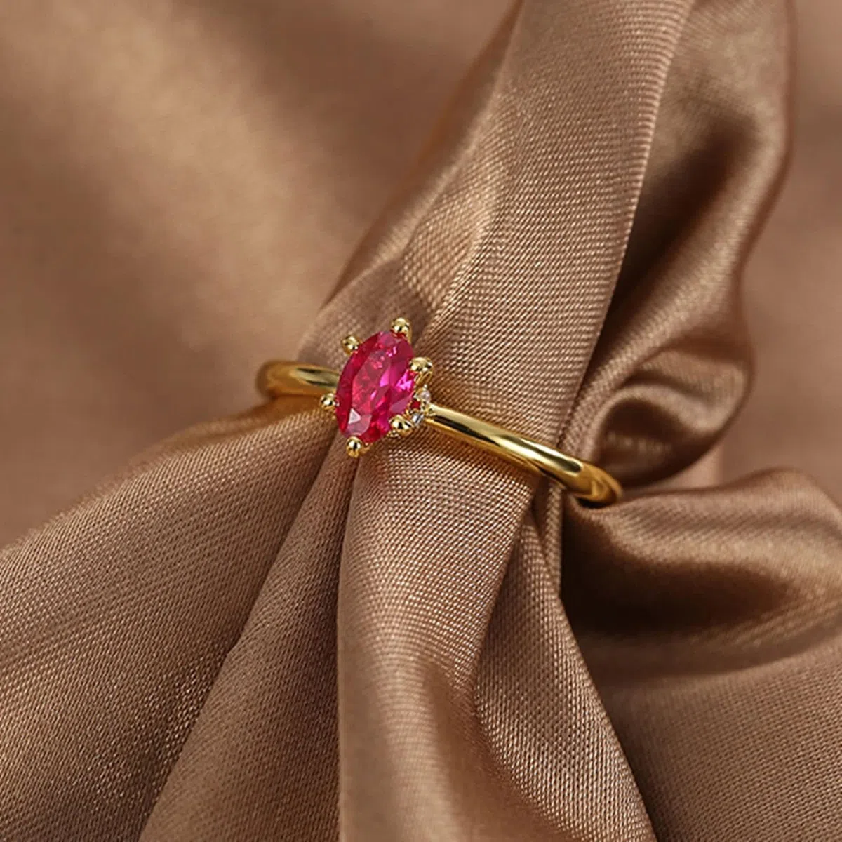 Beydodo Anillo Compromiso Oro 9 14 18 K para Mujer con Marquesa con Rubí Creado y Moissanita, Anillo Mujer Oro Matrimonio
