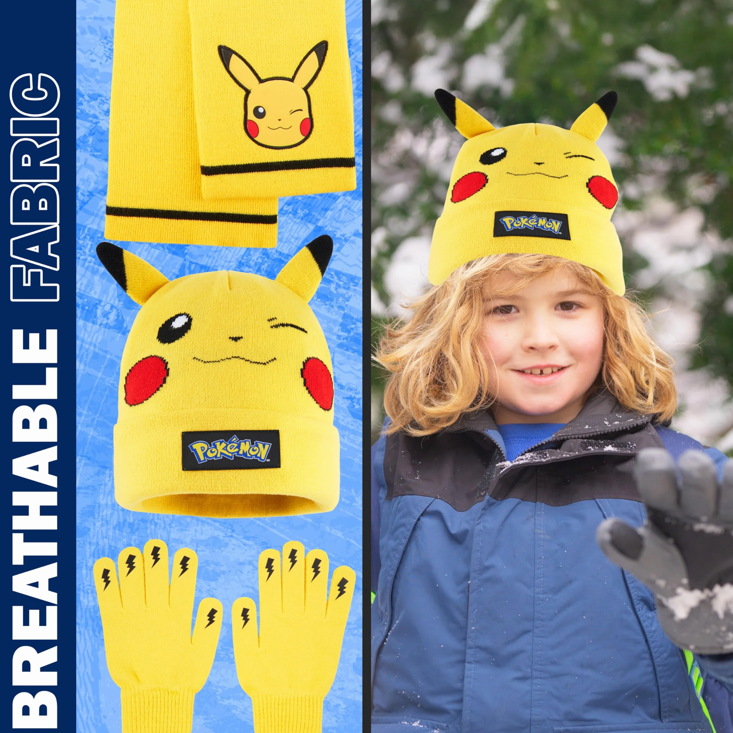 Pokémon Conjunto Bufanda y Gorro y Guantes Niño 8-10 Años, Pikachu Accesorios de Invierno Suave para Frío, Regalos de Anime