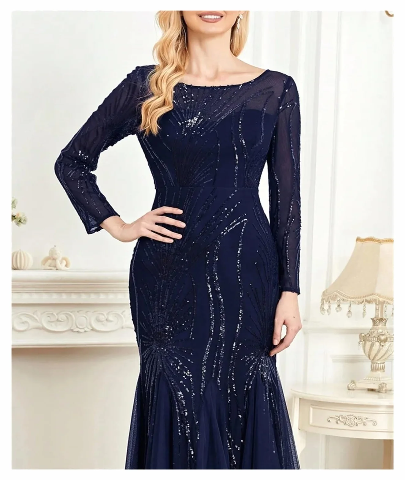 Vestido de Graduación para Mujeres Elegantes Vestidos de Noche de Tul con Lentejuelas y Mangas largas, Estilo Sirena, Formales, for Dama de Honor y Fiesta Maxi(Champagne,M)