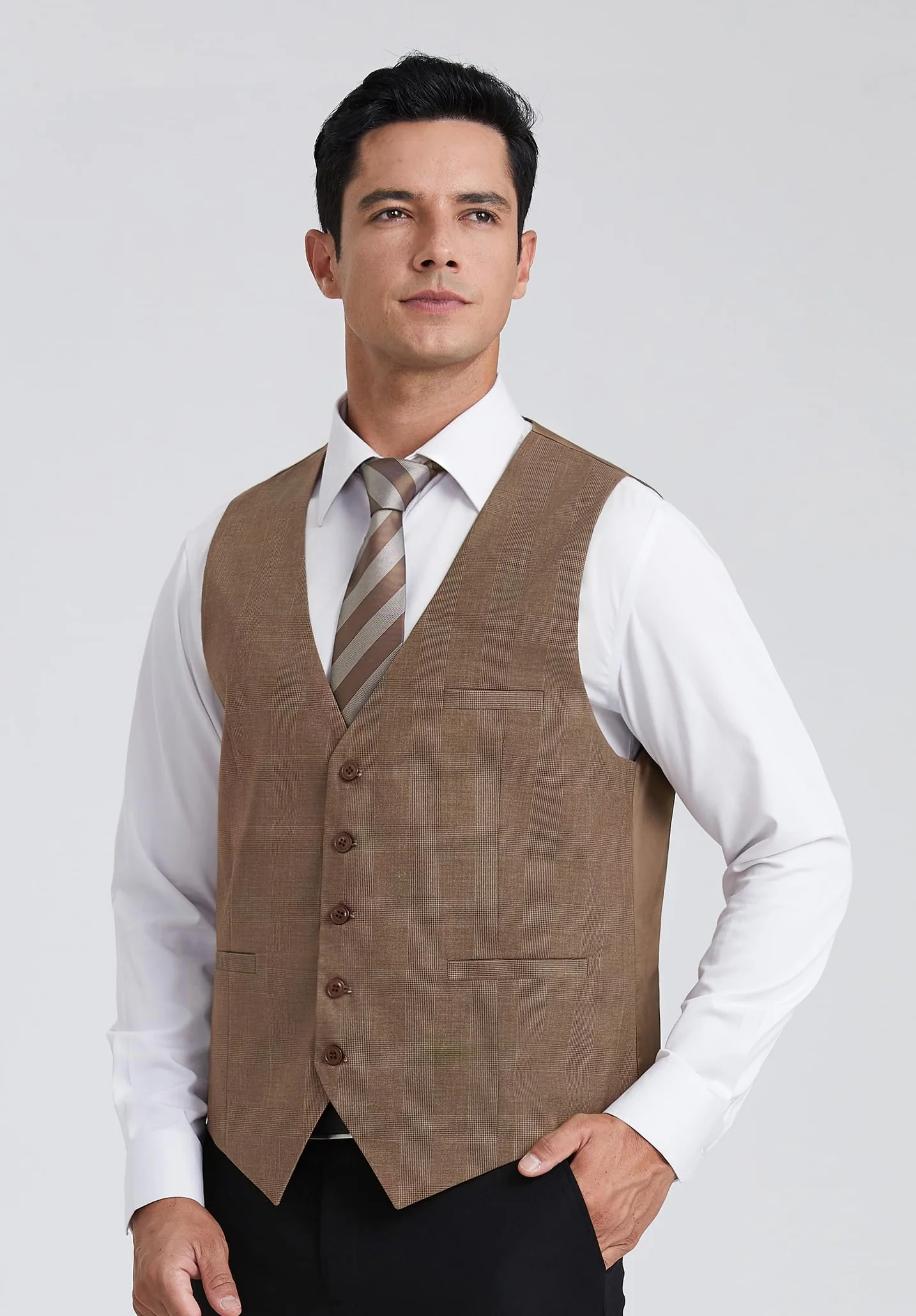 HISDERN Chalecos de Cuadros para Hombre de Vestir Chaleco Traje Escoces Algodón Clásico Formal Elegante Boda Bolsillos