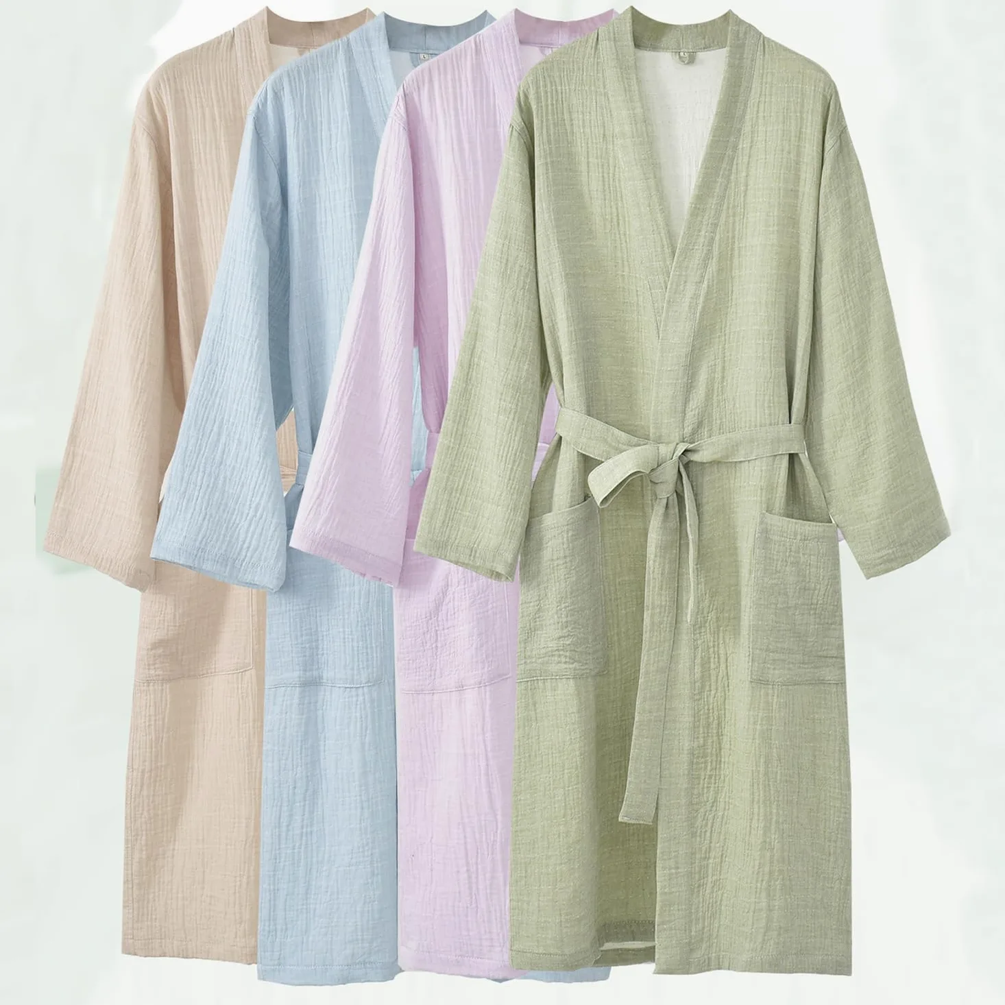 Bata unisex de gasa 100% algodón Bata de baño tipo kimono ligera de hilo teñido Ropa de dormir absorbente de muselina para spa para mujer