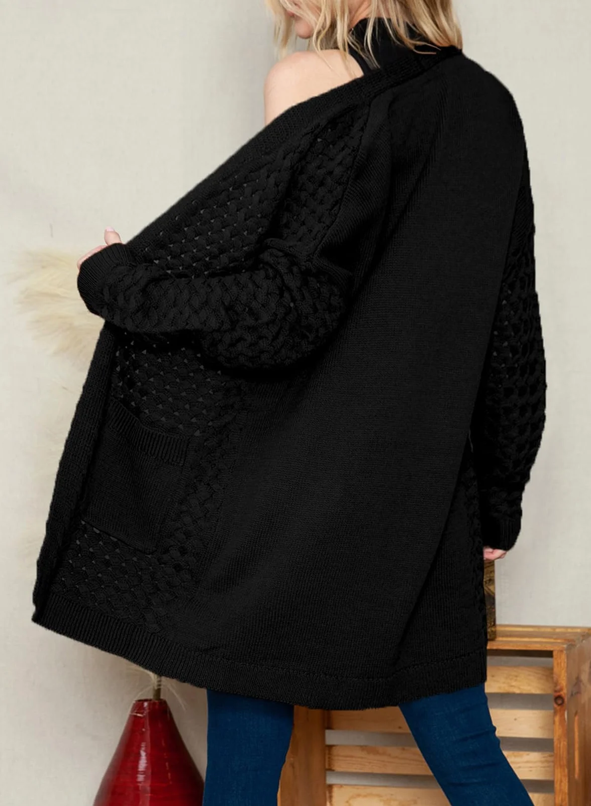 Chaqueta larga de punto para mujer, chaqueta de punto frontal abierta, abrigo con bolsillos, ropa exterior holgada informal para uso diario, Negro , S
