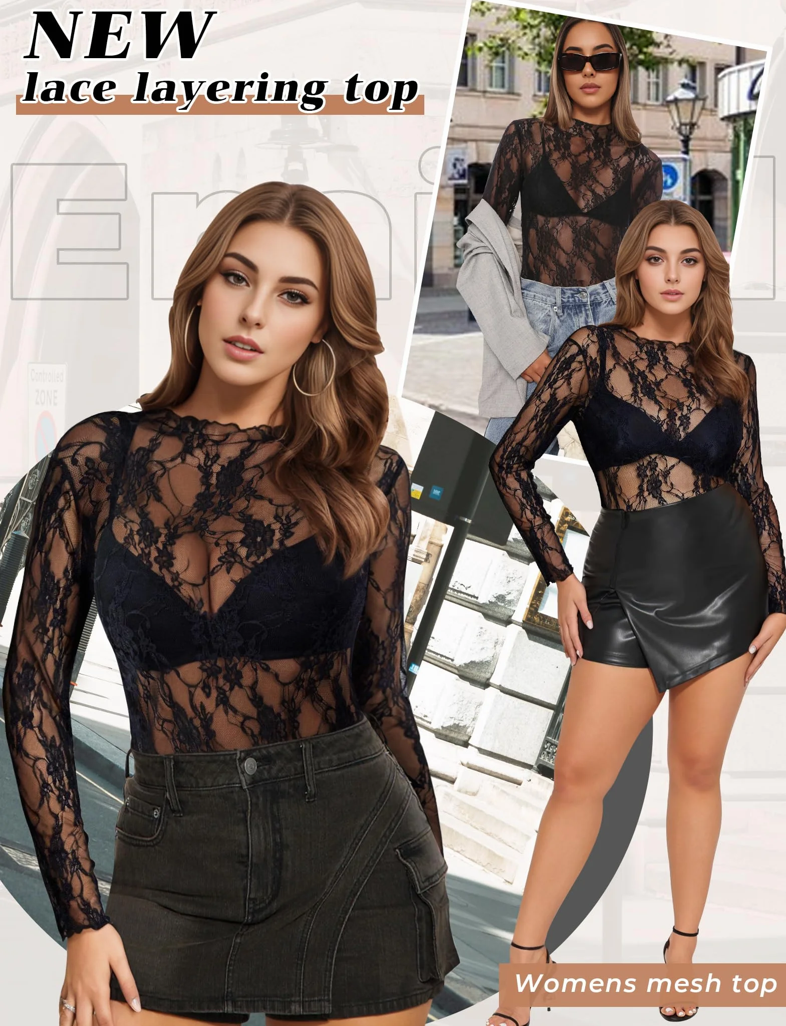 Buauty Body de malla para mujer, traje de cuerpo de encaje para mujer, manga larga, parte superior de malla transparente, cuello alto falso, ropa sexy