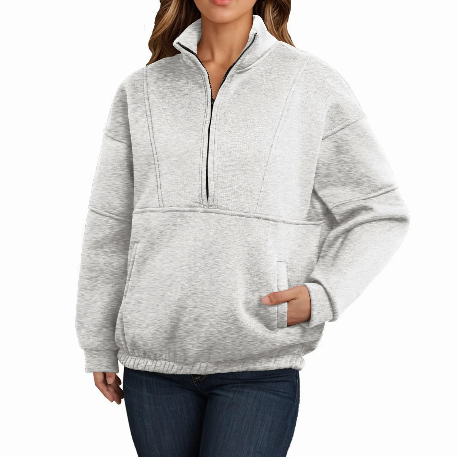 Sudaderas de moda con media cremallera para mujer, casual, manga larga, cuello con cremallera de un cuarto, trajes de invierno y otoño, cuello alto, ajuste holgado, lindas camisetas cómodas para mujer