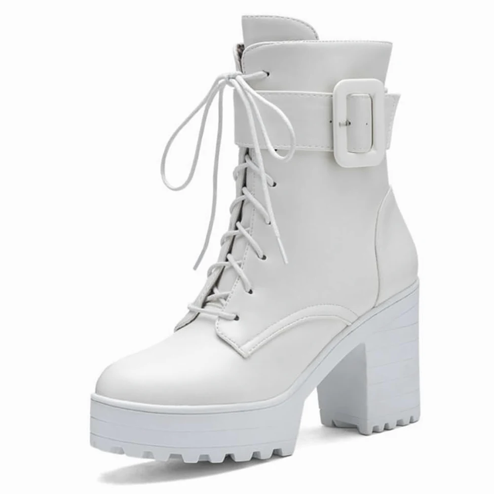 Mujer Botines Militares con Tacón Ancho Plataforma con Cordones Punta Redonda Punk Gótico Botas De Combate con Cremallera