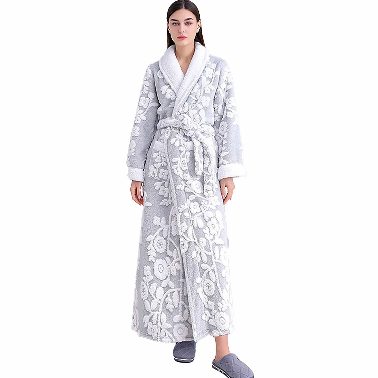 Bata de baño de forro polar para mujer, larga, cálida, mullida, con patrón de abrigo de casa, bata ligera para mujer, talla grande, maternidad