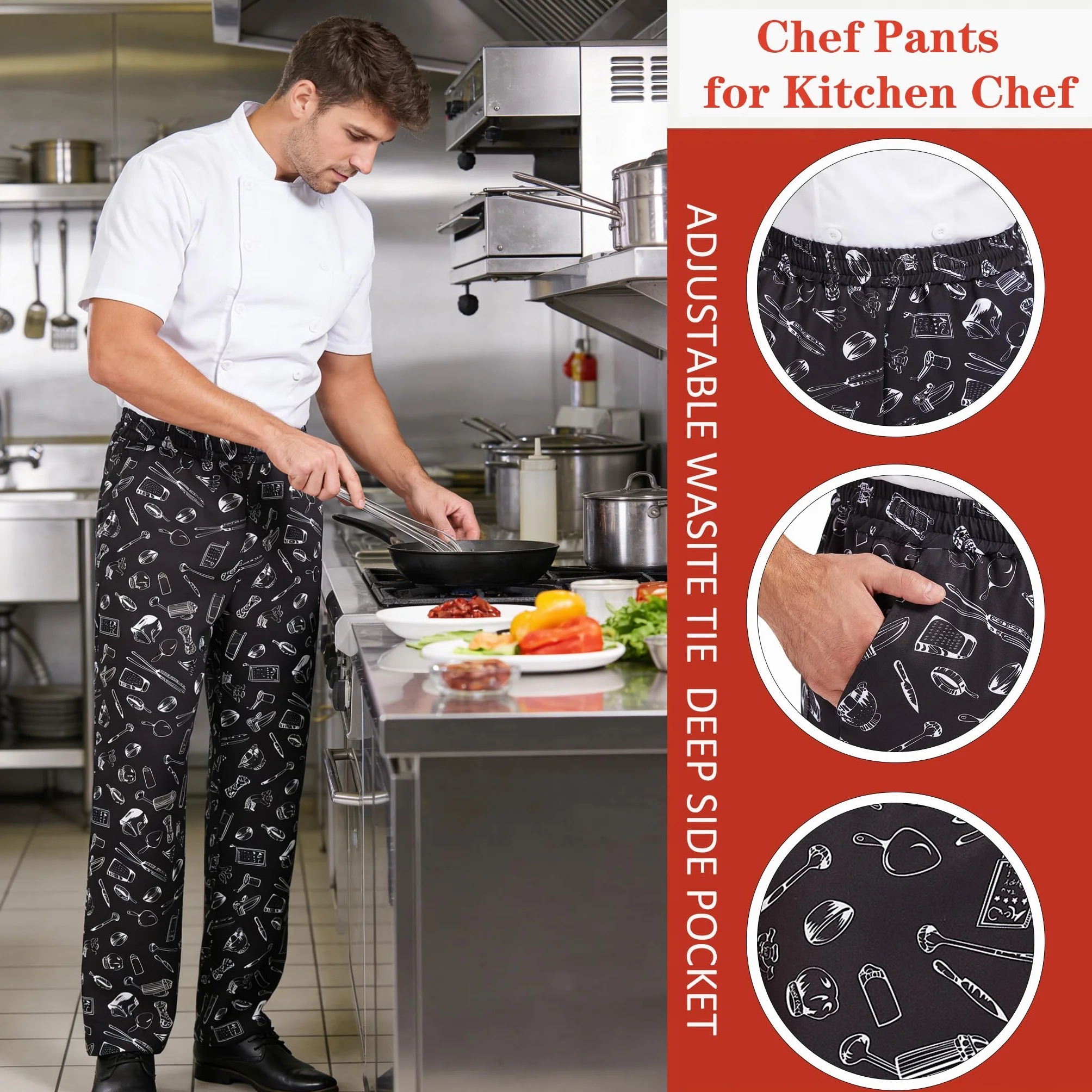 Nanxson Pantalones de Chef Holgados para Hombre, Pantalones de Trabajo Estampados con Cintura Elástica Pantalones de Chef Uniformes de Cocina para Restaurante